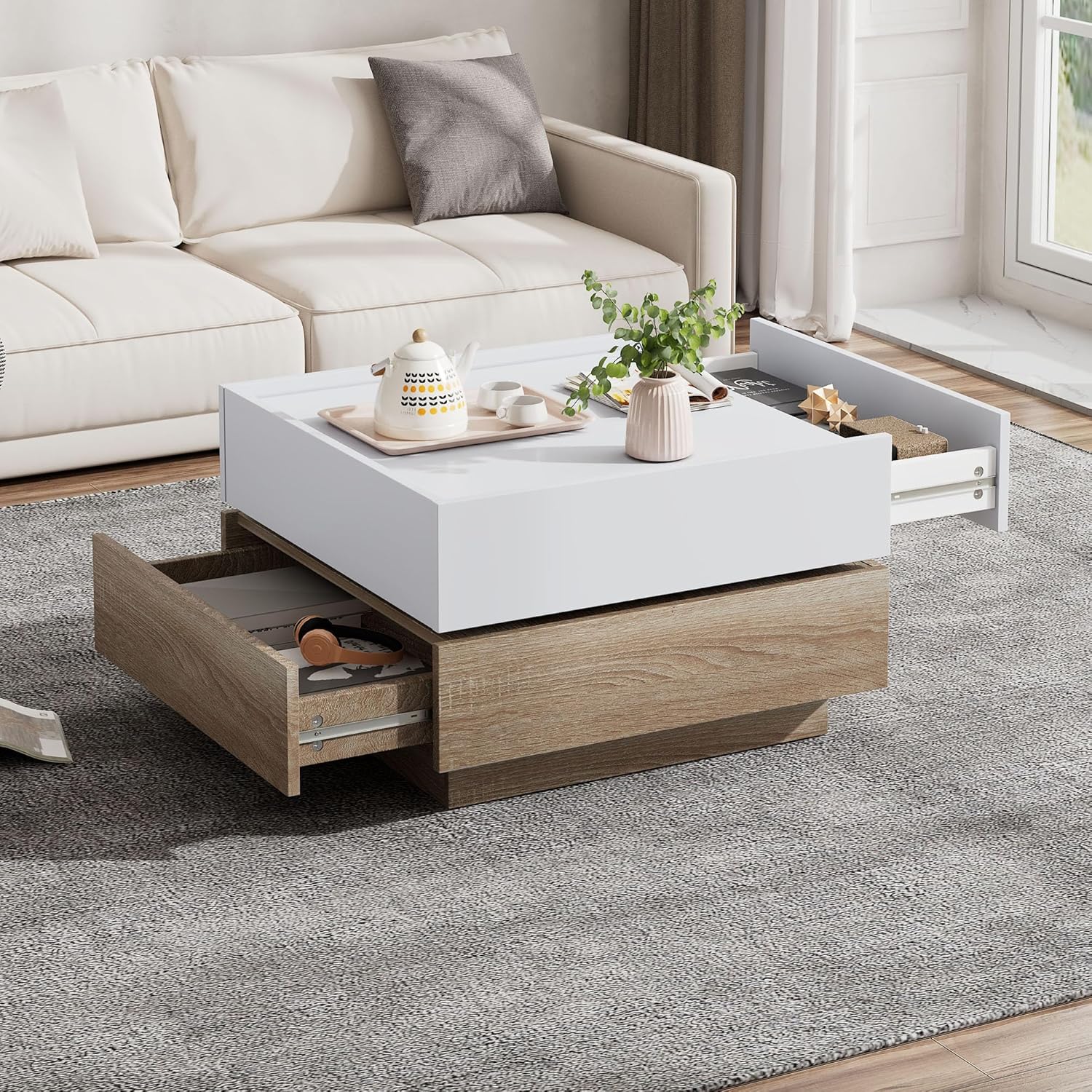 Merax Couchtisch quadratische, Moderner 360° drehbare Wohnzimmertisch mit 2 Schubladen, kreativer Sofatisch Kaffeetisch Beistelltisch Mitteltisch für Wohnzimmer Büro Schlafzimmer, Weiß & Walnuss — Ansicht 3