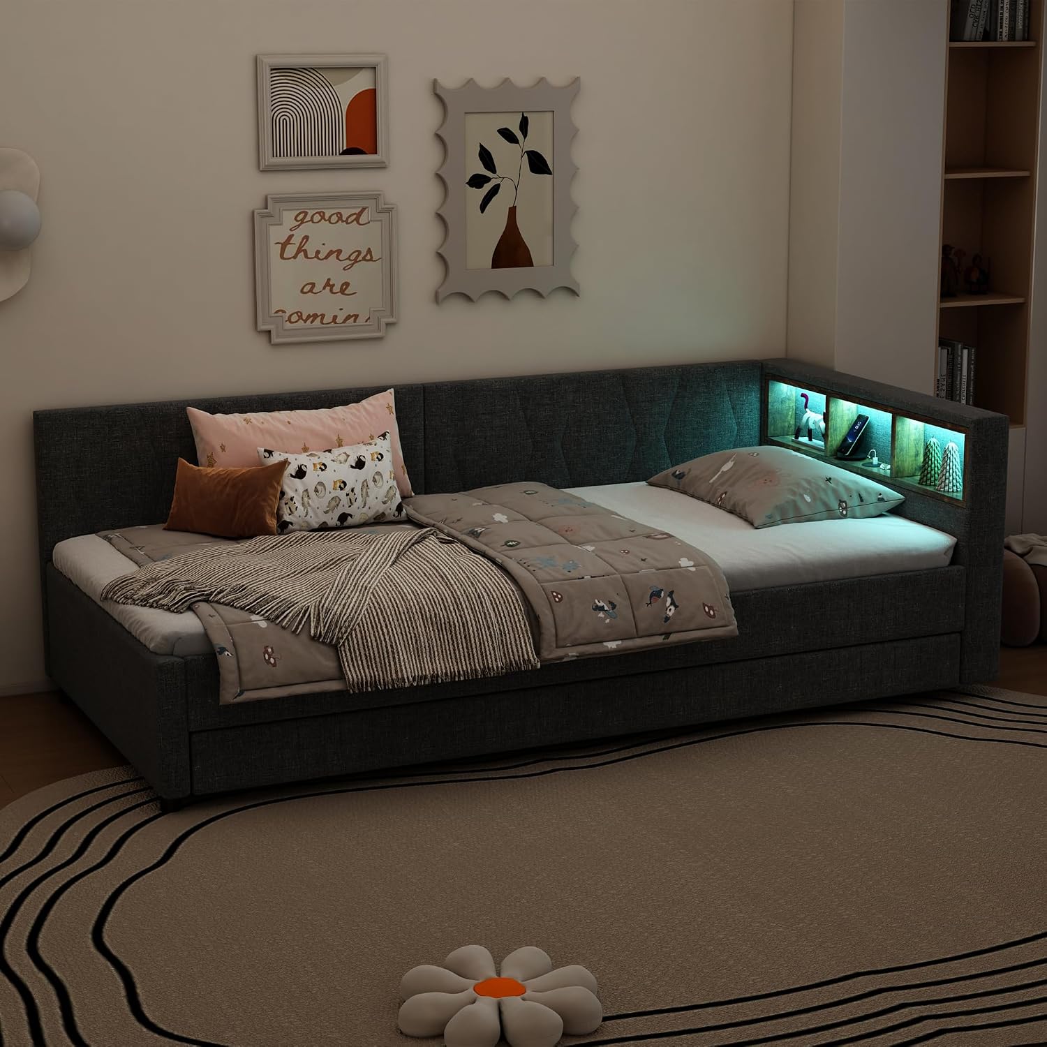 Merax Daybett 90x200 cm, Multifunktionales Schlafsofa mit Ausziehbett, USB+Typ C Ladeanschluss, Fernbedienung für LED-Umgebungslicht, Ablagefächer – Grau, Leinen (Ohne Matratze) — Ansicht 4