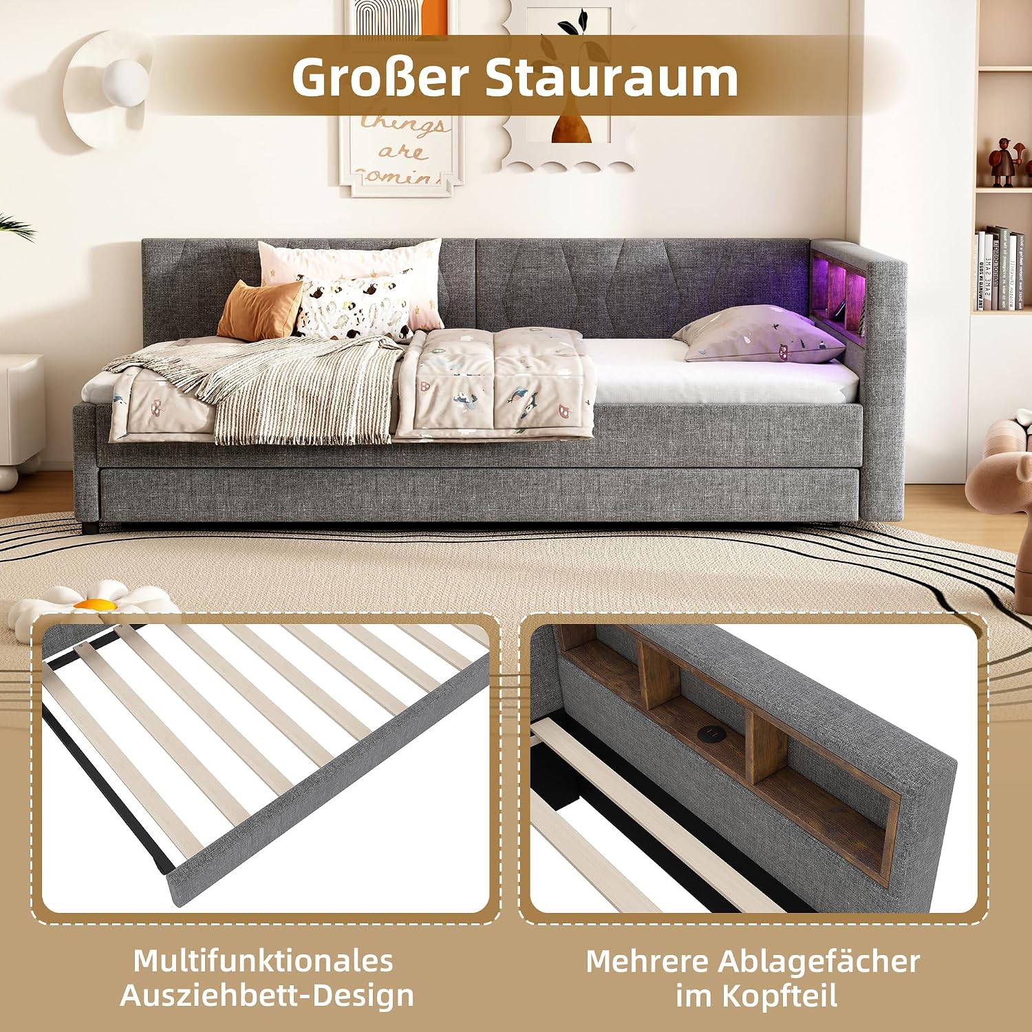 Merax Daybett 90x200 cm, Multifunktionales Schlafsofa mit Ausziehbett, USB+Typ C Ladeanschluss, Fernbedienung für LED-Umgebungslicht, Ablagefächer – Grau, Leinen (Ohne Matratze) — Ansicht 6