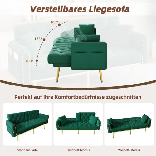 Merax Doppelt Ausklappbares Schlafsofa in Grün, Multifunktionales Sofa mit Liegefunktion, 3 verstellbare Neigungswinkel, Getränkehalter, Stauraum – Samtbezug für Wohnzimmer, Schlafzimmer, Heimkino — Ansicht 4