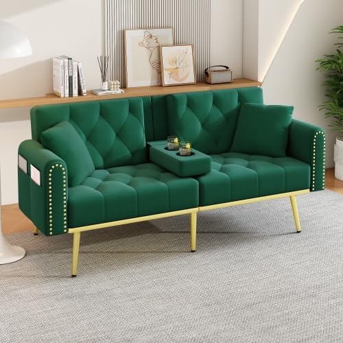 Merax Doppelt Ausklappbares Schlafsofa in Grün, Multifunktionales Sofa mit Liegefunktion, 3 verstellbare Neigungswinkel, Getränkehalter, Stauraum – Samtbezug für Wohnzimmer, Schlafzimmer, Heimkino — Ansicht 6