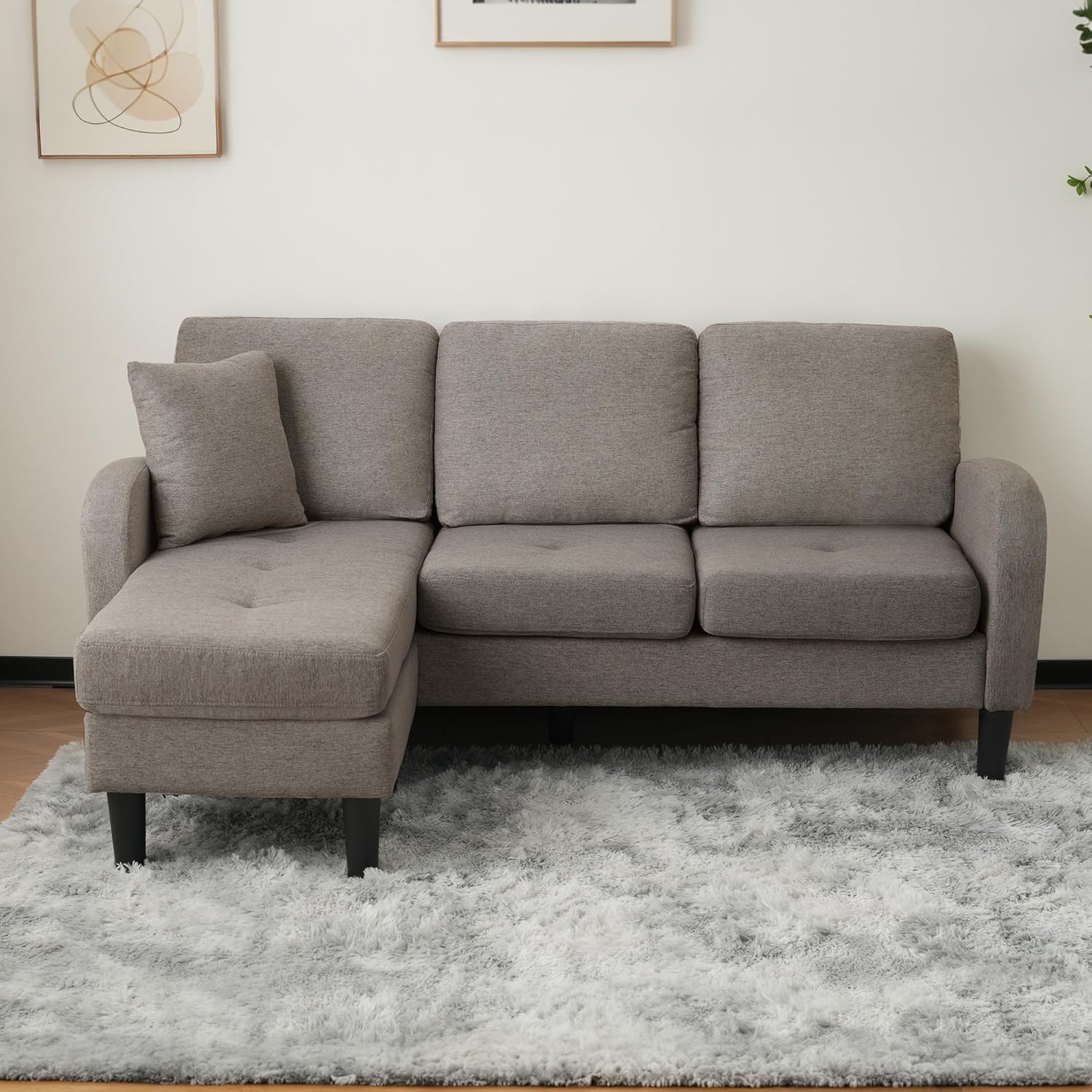 Merax Ecksofa 3-Sitzer Sofa mit Chaiselongue und Kunststoffbeine, Eckcouch in L-Form aus Baumwoll-Leinenstoff, Kleine Couch für Wohnzimmer/Wohnung, 166 x 118 x 77 cm, Dunkelgrau — Ansicht 3