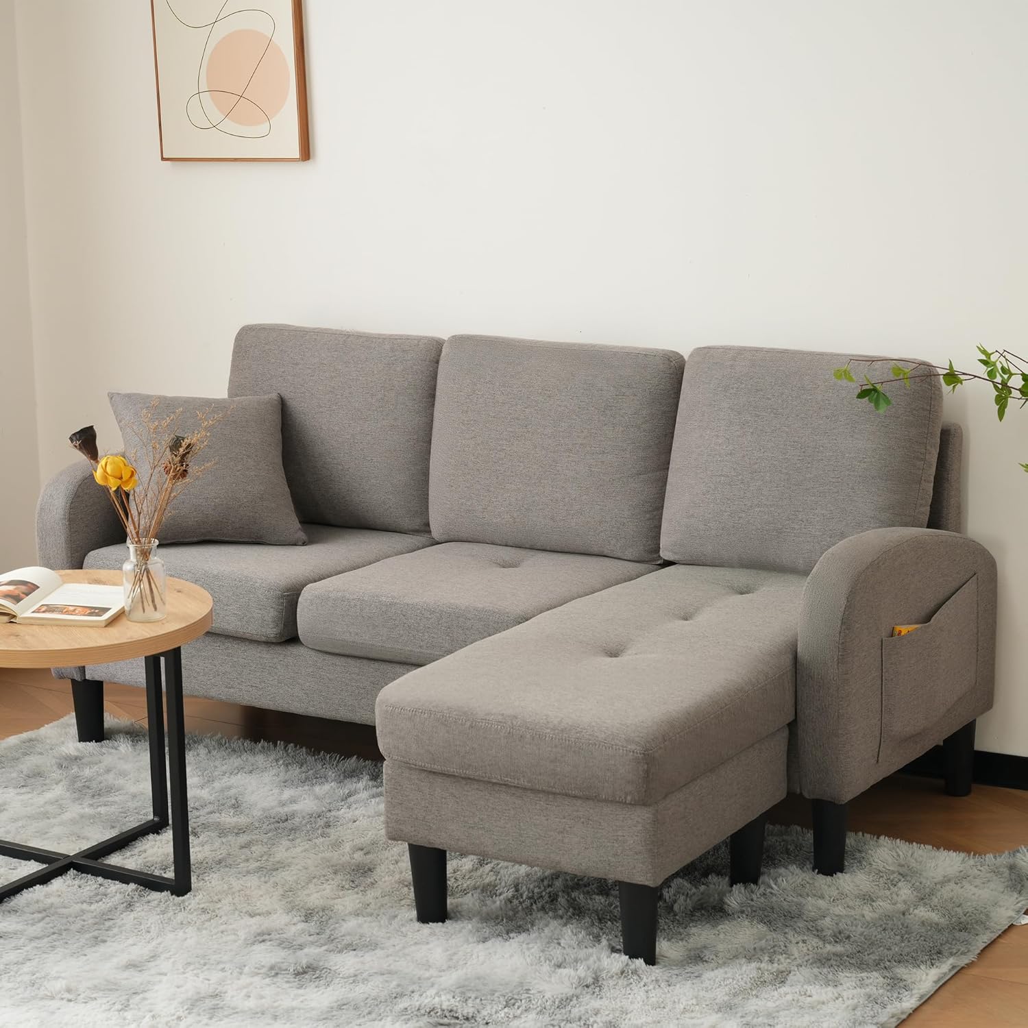Merax Ecksofa 3-Sitzer Sofa mit Chaiselongue und Kunststoffbeine, Eckcouch in L-Form aus Baumwoll-Leinenstoff, Kleine Couch für Wohnzimmer/Wohnung, 166 x 118 x 77 cm, Dunkelgrau
