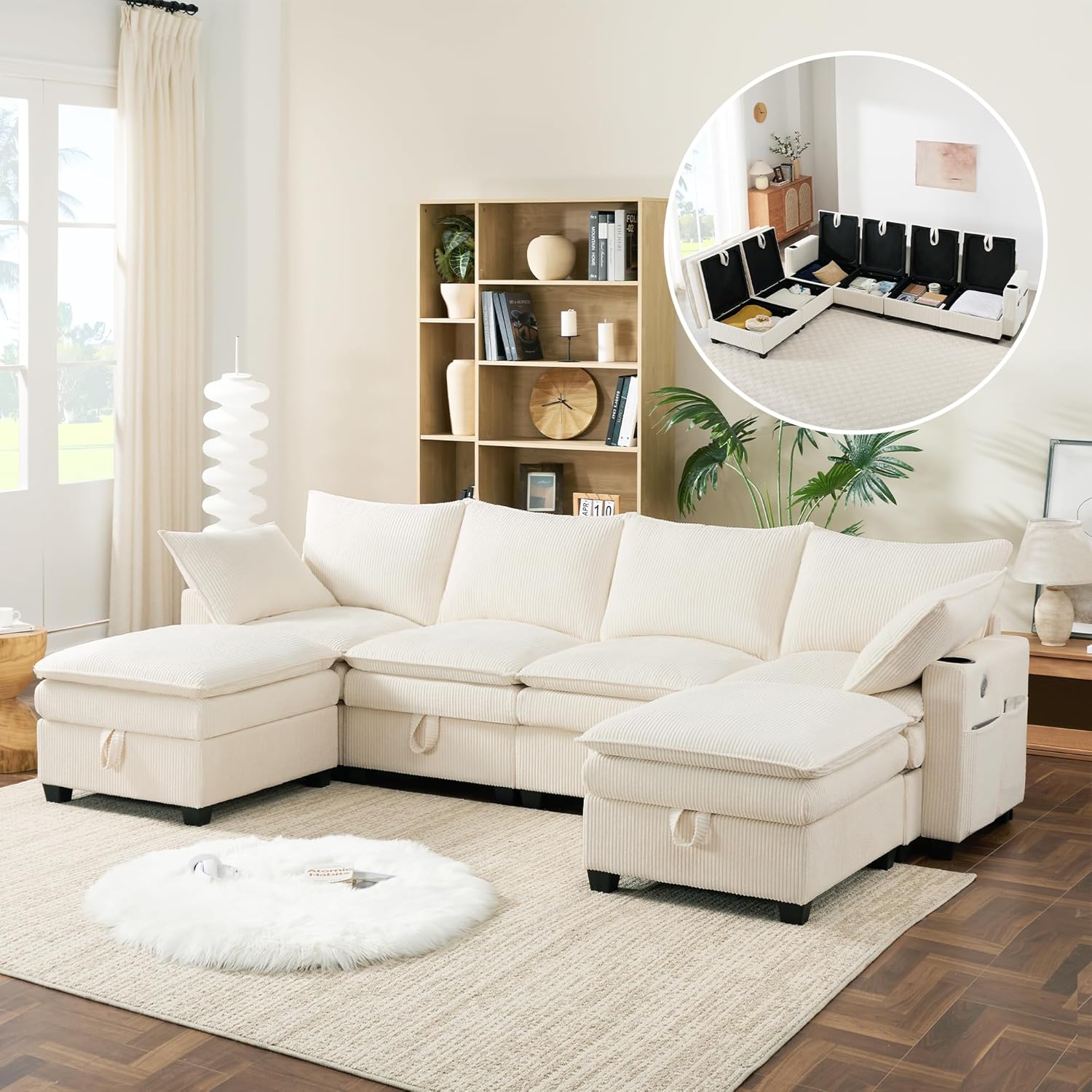 Merax Ecksofa L-förmiges Sofa Modulares 4-Sitzer Couch mit multifunktionalem Fußhocker (L/U-Form), USB-Anschlüssen, Staufächern und Getränkehaltern, Cordbezug, Beige — Ansicht 3