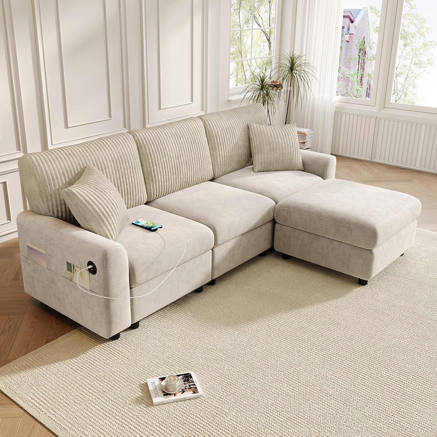 Merax Ecksofa mit Hocker, Wohnlandschaft aus Chenille und Breitcord, Polstersofa mit 2 Kissen, Moderne Couch mit Ottomane, Großzügige Sitzfläche für Wohnzimmer, Beige, 223 x 146 x 84 cm
