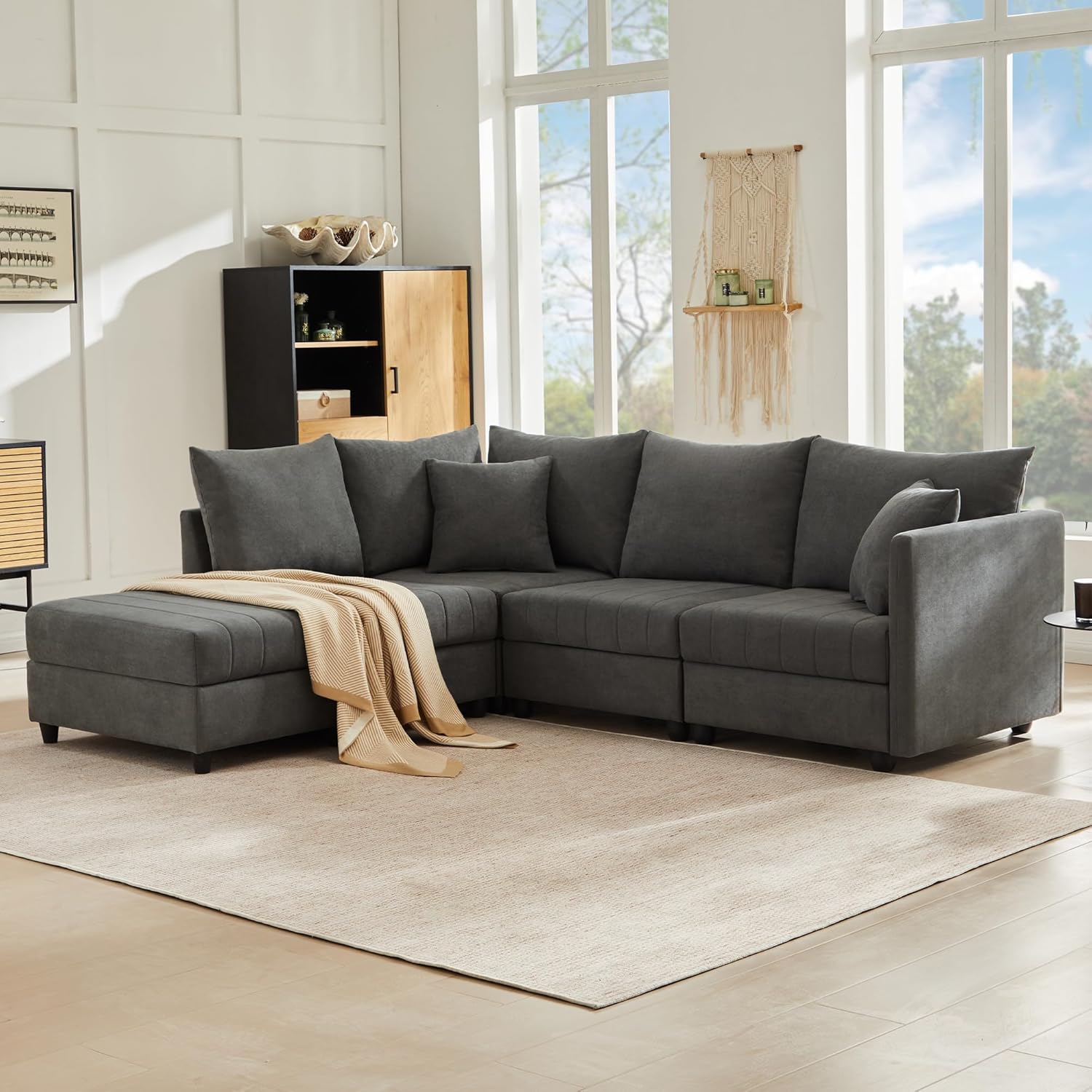 Merax Ecksofa Modulares 5-Sitzer Sofa mit multifunktionalem Fußhocker (L/U-Form), Atmungsaktive Baumwolle-Leinen-Kombi, Modernes Vertikalstreifen-Design, Premium Komfort, Raumsparend & Wandelbar, Grau — Ansicht 3