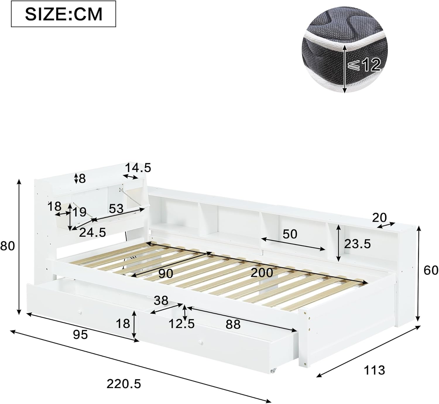 Merax Einzelbett 90x200 cm mit Stauraum, Paneelbett mit Kopfteil und Ablagefach, seitlichen Schränken und Schubladen, LED Leuchten und Ladebuchse,Weiß — Ansicht 2