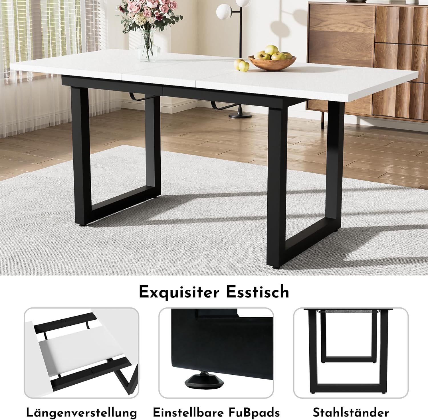 Merax Esstisch 140/180x80x75cm, Ausziehbar Esszimmertisch mit Tischbeine aus Metall, Rechteckiger Küchentisch für Wohnzimmer und Esszimmer, Weiß — Ansicht 3