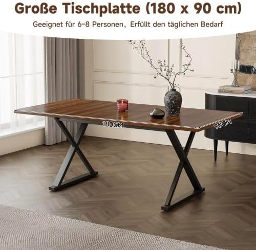 Merax Esstisch 180x90 cm, Moderner Dining Table mit Metallbeinen, Platz für 6–8 Personen, Robuster Küchentisch, Walnussholzfarbe + Schwarz – Ideal für Esszimmer & Küche — Ansicht 4