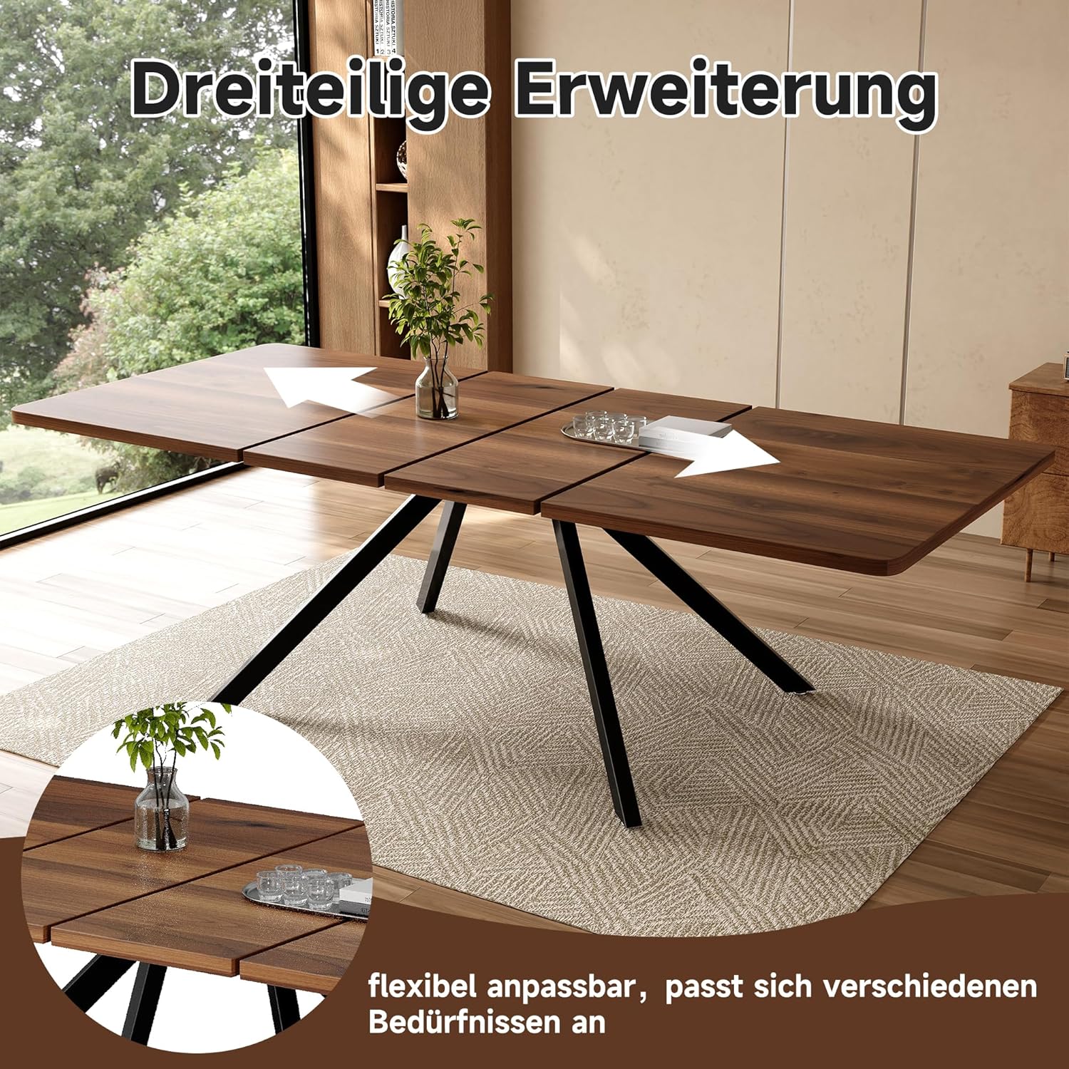 Merax Esstisch ausziehbar 160-200-240 * 90cm, moderner rechteckiger Esstisch für 6-10, extra Breiten verstärkten Schwerlast-Führungen, Metallbeine, für Esszimmer Küche Wohnzimmer, Walnussfarbe — Ansicht 5