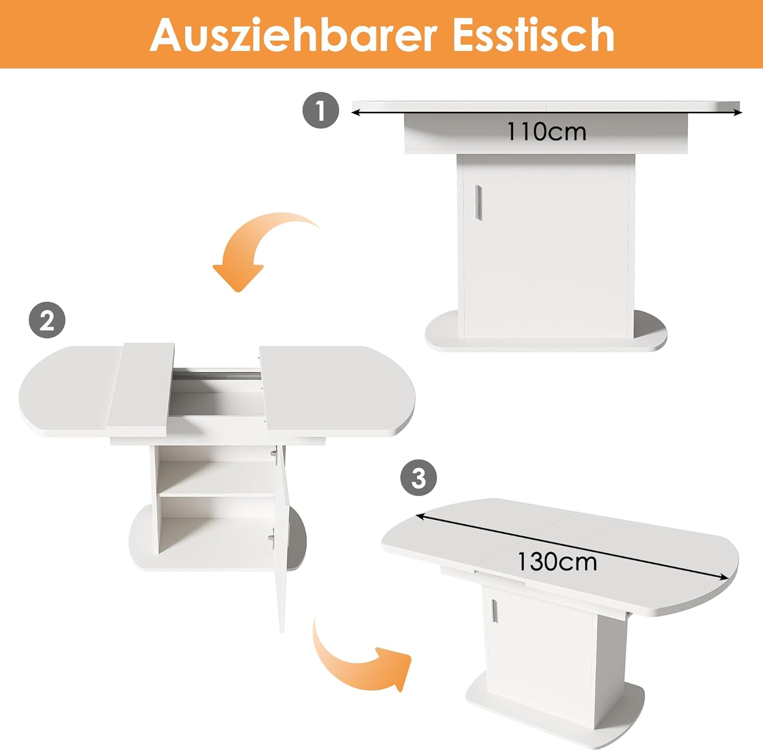 Merax Esstisch Holz, Ausziehbar Esszimmertisch mit Stauraum, Ovaler Küchentisch für Wohnzimmer und Esszimmer, 110/130L x 70B x 75H cm, Weiß — Ansicht 4