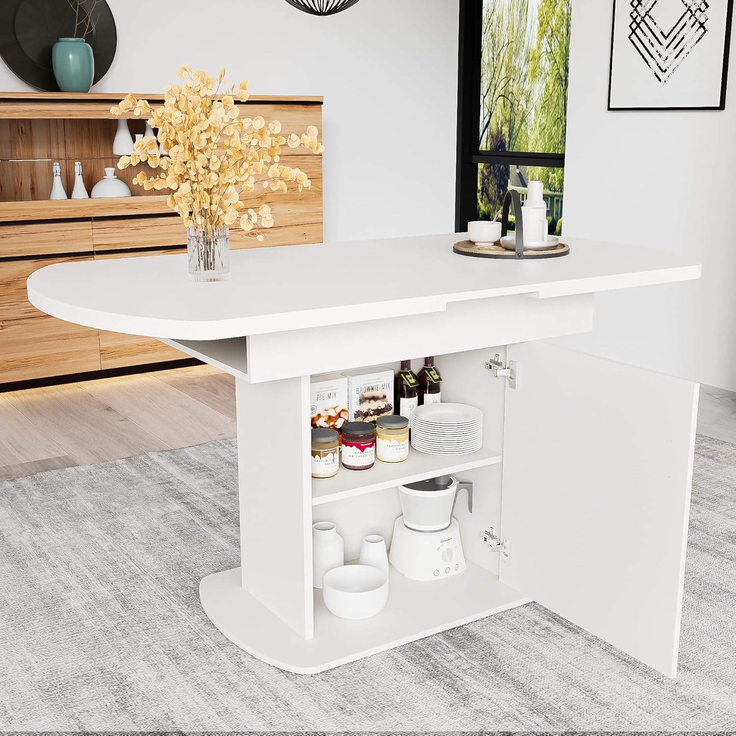 Merax Esstisch Holz, Ausziehbar Esszimmertisch mit Stauraum, Ovaler Küchentisch für Wohnzimmer und Esszimmer, 110/130L x 70B x 75H cm, Weiß
