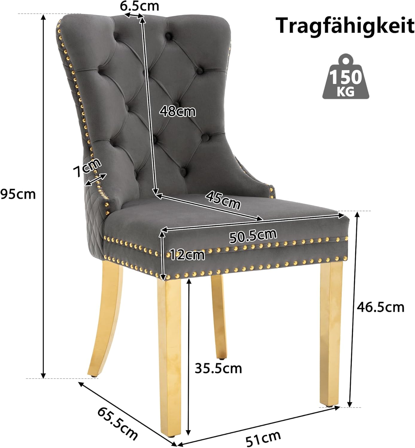 Merax Esszimmerstühle 4er Set, Hoher Rücken, Bequeme Polsterung, Vintage-Samt-Sitzfläche mit Knopfdekoration. Für Büro, Küche, Schlafzimmer, Stützbeine aus Metall, Grau/Gold — Ansicht 2