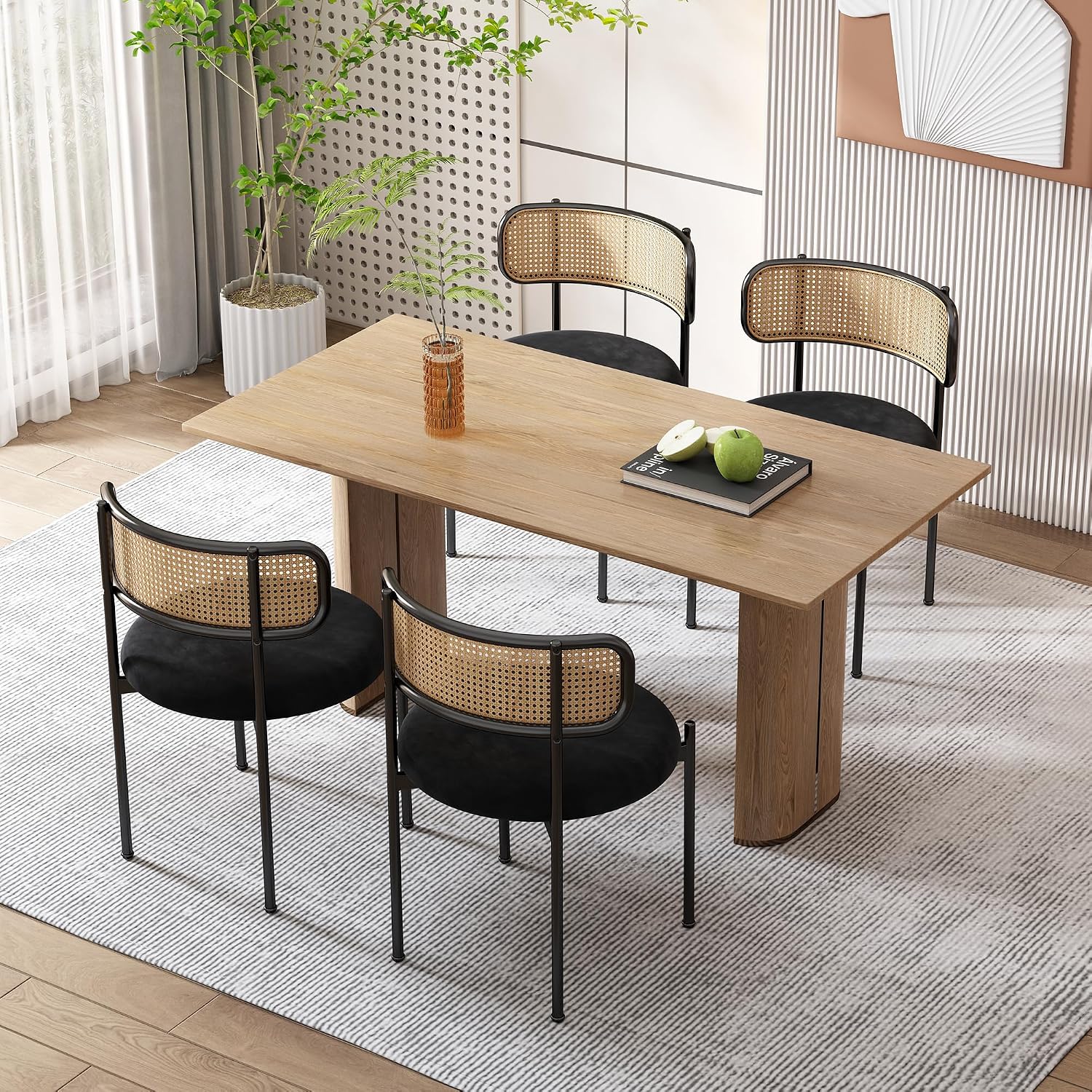 Merax Esszimmerstühle 4er Set, Moderner Küchenstühle mit Rattan Rückenlehne, Essstühle mit Vier Stützbeinen aus Metall, Samt, Schwarz — Ansicht 2