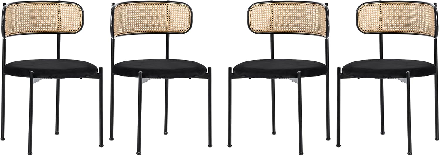 Merax Esszimmerstühle 4er Set, Moderner Küchenstühle mit Rattan Rückenlehne, Essstühle mit Vier Stützbeinen aus Metall, Samt, Schwarz — Ansicht 3