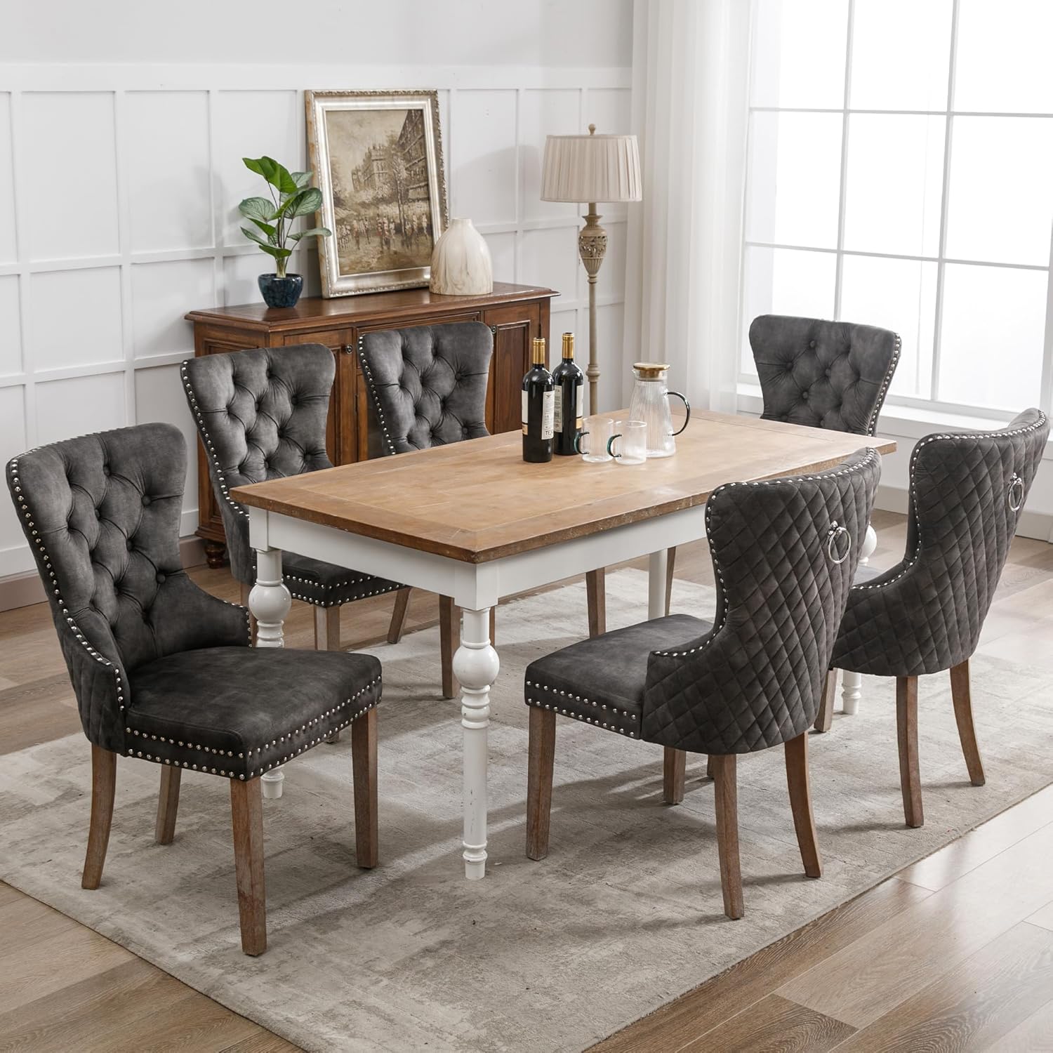 Merax Esszimmerstühle 6er-Set, Küchenstuhl, Polsterstuhl, Dining Chair, Moderne Stuhl aus Samt, Gestell aus Massivholz, Armlehnenstuhl für Esszimmer Wohnzimmer, mit Samtbezug, Grau