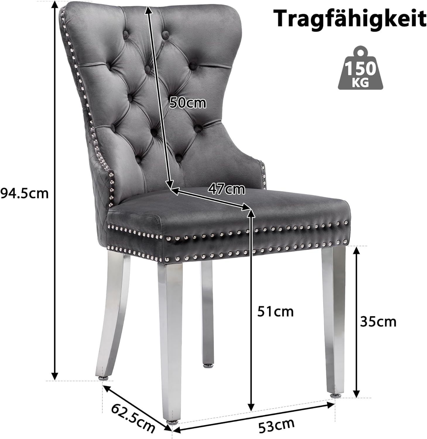 Merax Esszimmerstühle 6er-Set, Küchenstuhl Wohnzimmerstuhl Polsterstuhl Esstisch Stühle, Stützbeine aus Metall, mit einzigartigem Türklopfer auf der Rückseite, mit Samtbezug, Grau — Ansicht 2