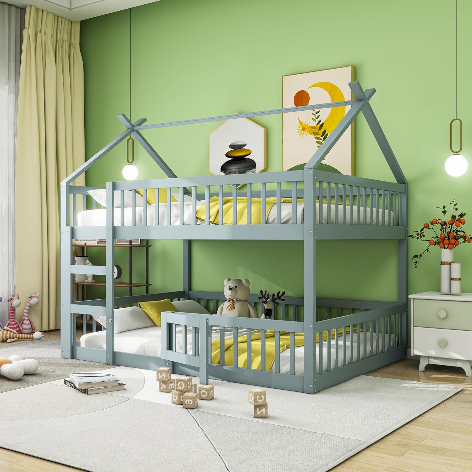 Merax Etagenbett 140 x 200 cm, multifunktionales Etagenbett für Kinder, Hütte mit Treppe, Massivholz, Grau (ohne Matratze)