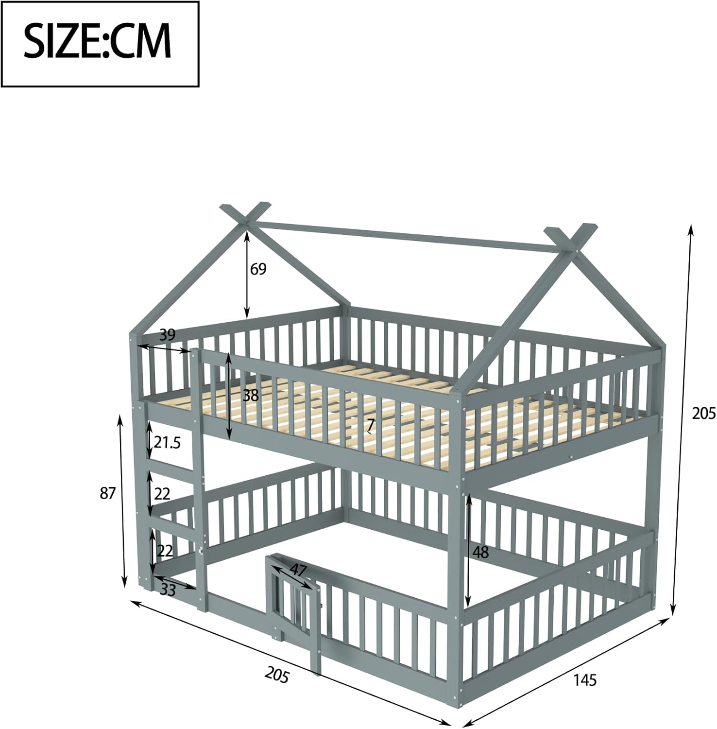 Merax Etagenbett 140 x 200 cm, multifunktionales Etagenbett für Kinder, Hütte mit Treppe, Massivholz, Grau (ohne Matratze) — Ansicht 2