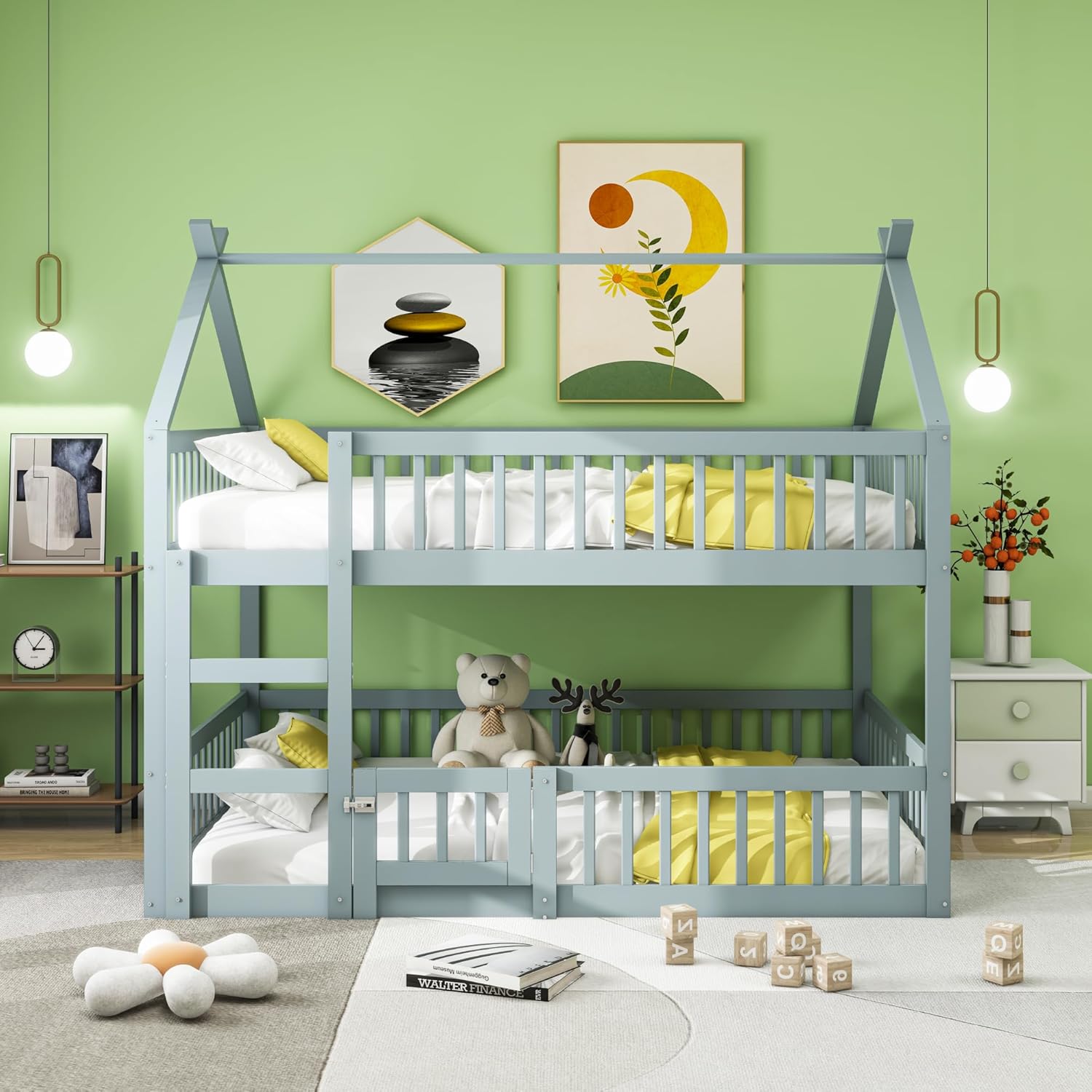 Merax Etagenbett 140 x 200 cm, multifunktionales Etagenbett für Kinder, Hütte mit Treppe, Massivholz, Grau (ohne Matratze) — Ansicht 3