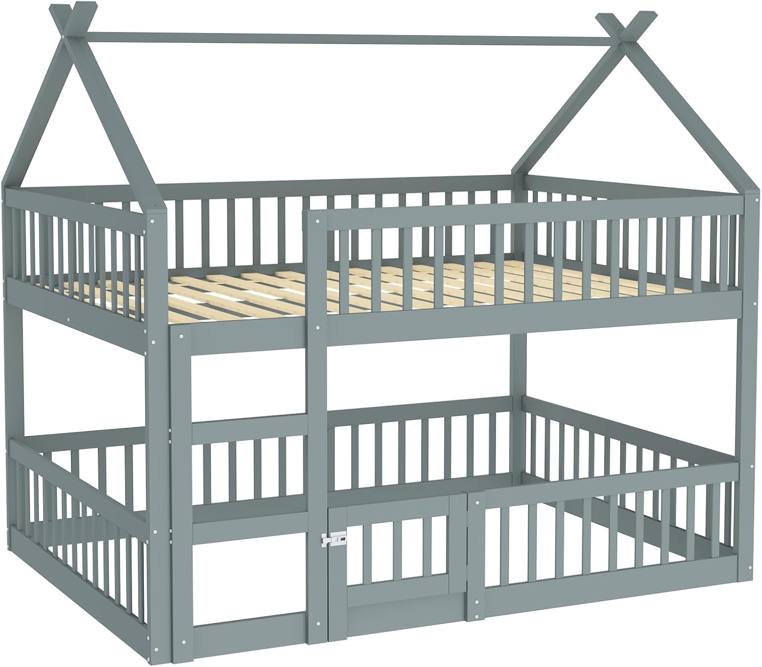 Merax Etagenbett 140 x 200 cm, multifunktionales Etagenbett für Kinder, Hütte mit Treppe, Massivholz, Grau (ohne Matratze) — Ansicht 5