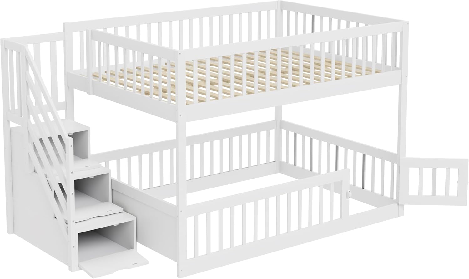 Merax Etagenbett 140x200 cm, Kinderbett mit Sicherheitstreppe, Holzeinzelbett mit Stauraumbett für Kinder und Jugendliche, Multifunktional, Platzsparend, Holzstruktur, Weiß (Ohne Matratze) — Ansicht 3