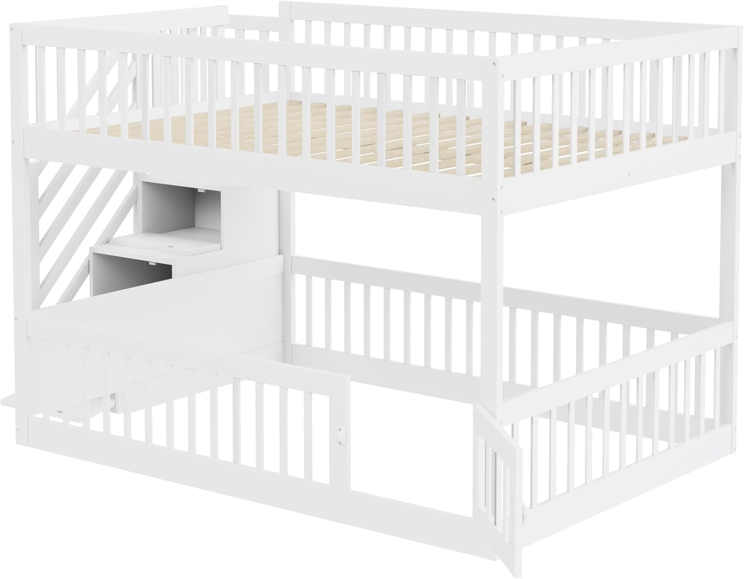 Merax Etagenbett 140x200 cm, Kinderbett mit Sicherheitstreppe, Holzeinzelbett mit Stauraumbett für Kinder und Jugendliche, Multifunktional, Platzsparend, Holzstruktur, Weiß (Ohne Matratze) — Ansicht 4
