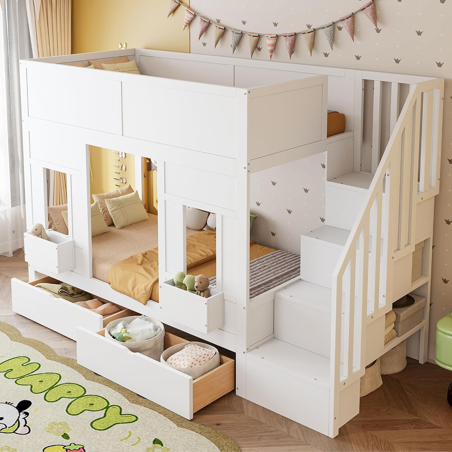 Merax Etagenbett 90x200 cm, mit Stauraumtreppe und Schubladen, Hochbett mit Fensterdesign, Holzgestell mit Sicherheitsgeländer, platzsparendes Kinderbett für Jungen und Mädchen, Weiß (Ohne Matratze) — Ansicht 4