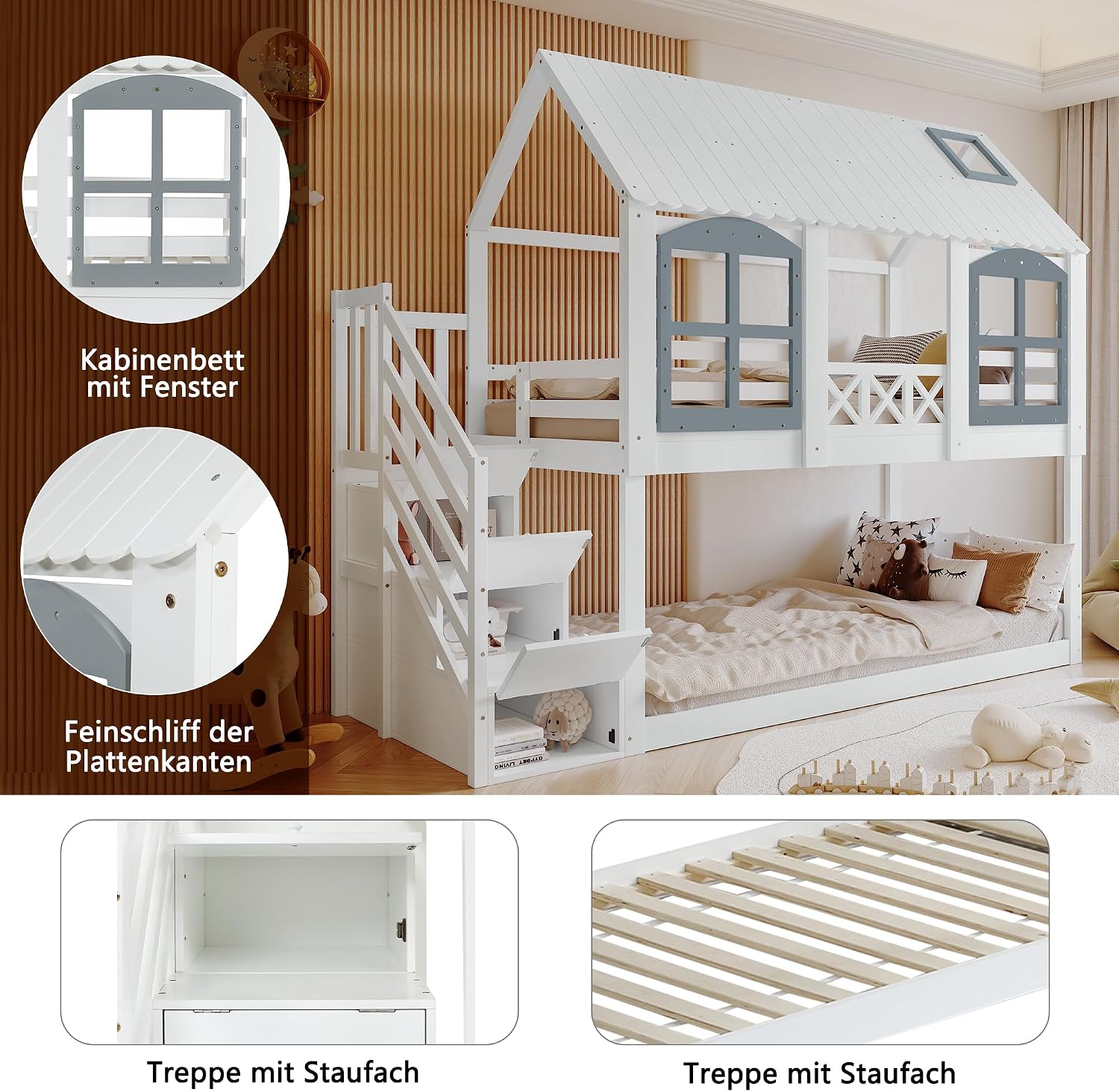 Merax Etagenbett 90x200cm, Kinderbett Hochbett für 2 Kinder, Baumhausbett mit Rausfallschutz & Lattenrost, Hausbett mit Dach & Fenster, Platzsparendes Stockbett mit Stauraumtreppe, Jugendbett, Weiß — Ansicht 5