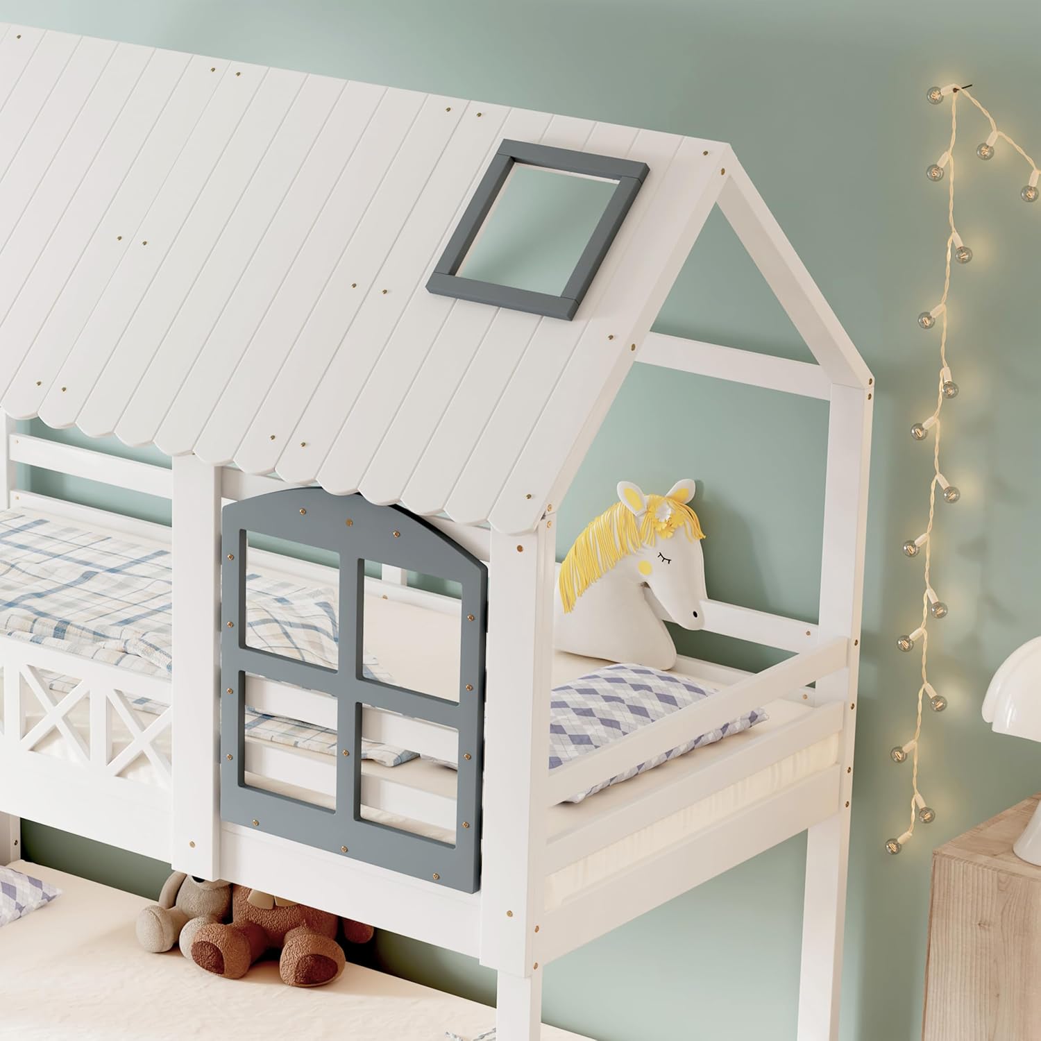 Merax Etagenbett 90x200cm, Kinderbett Hochbett für 2 Kinder, Baumhausbett mit Rausfallschutz & Lattenrost, Hausbett mit Dach & Fenster, Platzsparendes Stockbett mit Stauraumtreppe, Jugendbett, Weiß — Ansicht 6