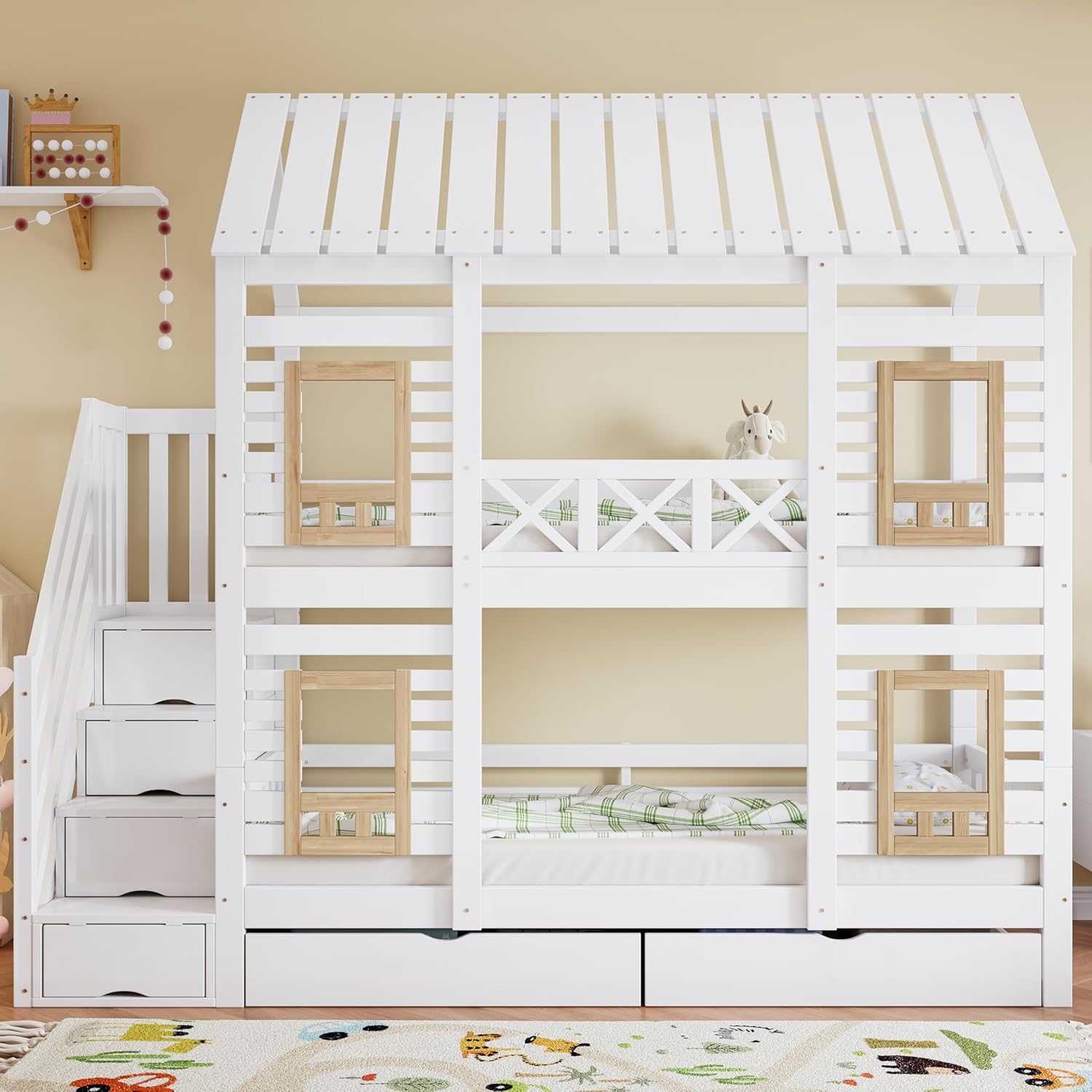 Merax Etagenbett 90x200cm, Kinderbett Hochbett mit Stauraum Treppe & Schubladen, Hausbett mit Dach & Fenster, Platzsparendes Stockbett mit Lattenrost & Rausfallschutz, Jugendbett, Ohne Matratze, Weiß — Ansicht 3