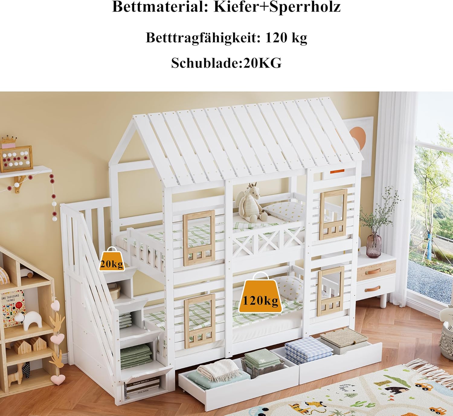 Merax Etagenbett 90x200cm, Kinderbett Hochbett mit Stauraum Treppe & Schubladen, Hausbett mit Dach & Fenster, Platzsparendes Stockbett mit Lattenrost & Rausfallschutz, Jugendbett, Ohne Matratze, Weiß — Ansicht 4
