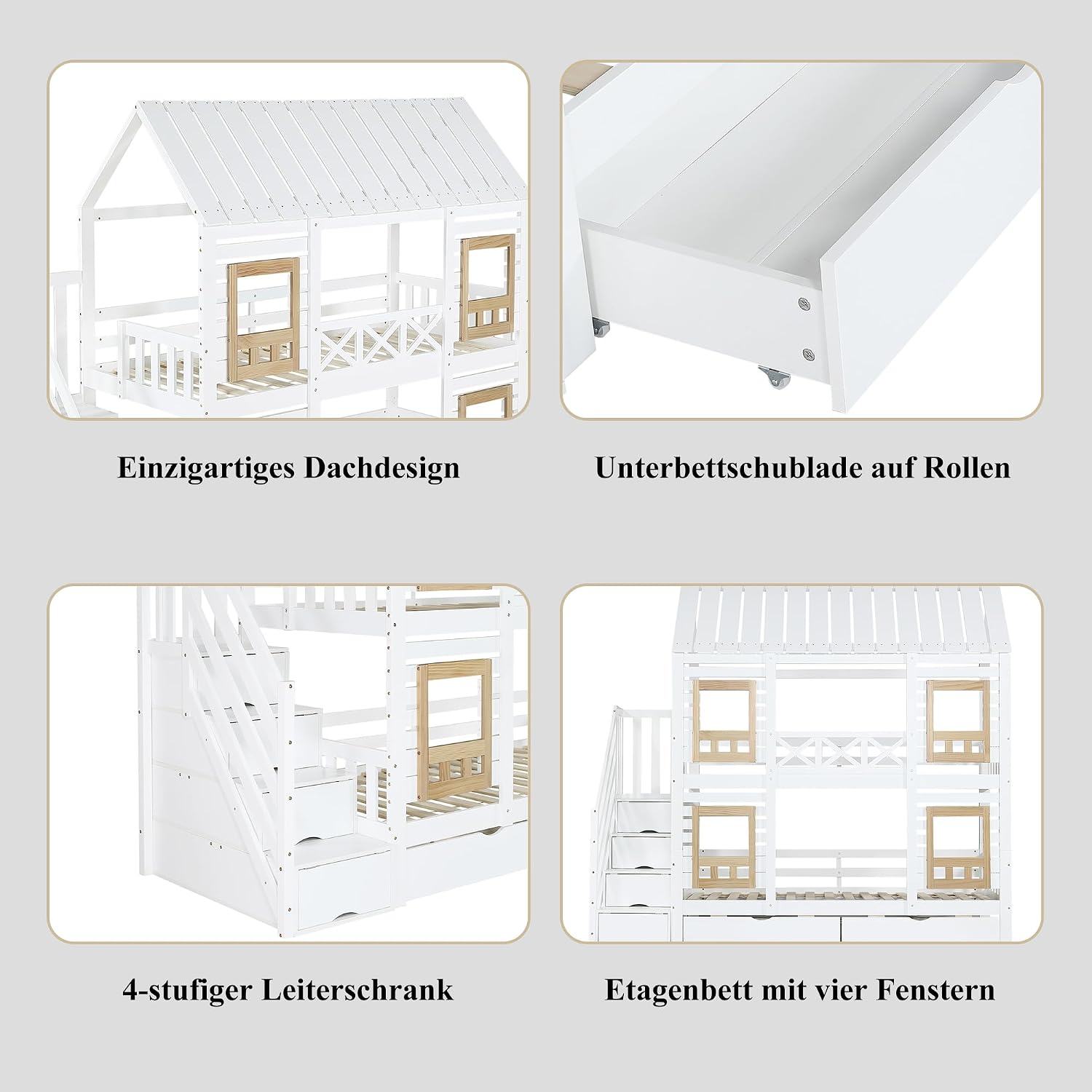 Merax Etagenbett 90x200cm, Kinderbett Hochbett mit Stauraum Treppe & Schubladen, Hausbett mit Dach & Fenster, Platzsparendes Stockbett mit Lattenrost & Rausfallschutz, Jugendbett, Ohne Matratze, Weiß — Ansicht 5