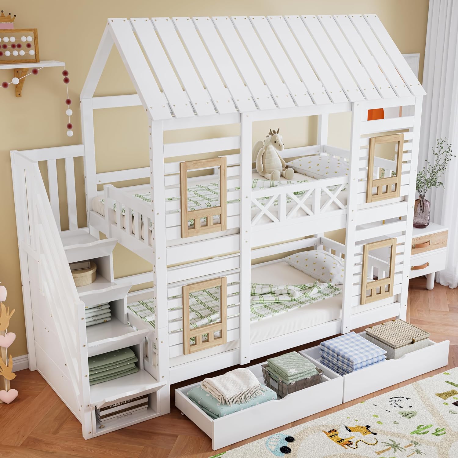 Merax Etagenbett 90x200cm, Kinderbett Hochbett mit Stauraum Treppe & Schubladen, Hausbett mit Dach & Fenster, Platzsparendes Stockbett mit Lattenrost & Rausfallschutz, Jugendbett, Ohne Matratze, Weiß