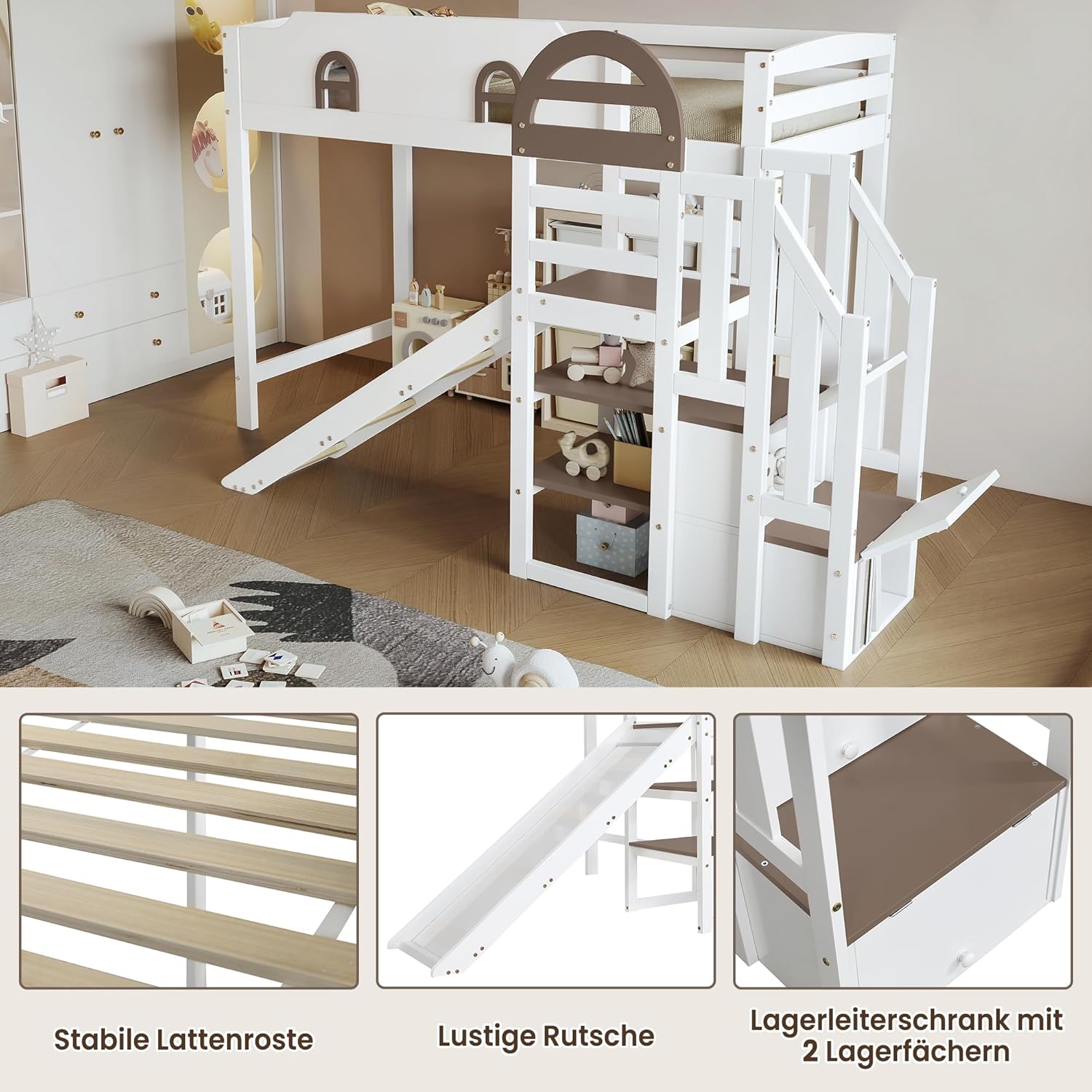 Merax Etagenbett 90x200cm, Kinderbett Hochbett mit Stauraumtreppe & Rutsche & Rausfallschutz, Platzsparendes Stockbett mit Lattenrost & Fenster, Funktionsbett für Jugend, Ohne Matratze, Weiß & Braun — Ansicht 5