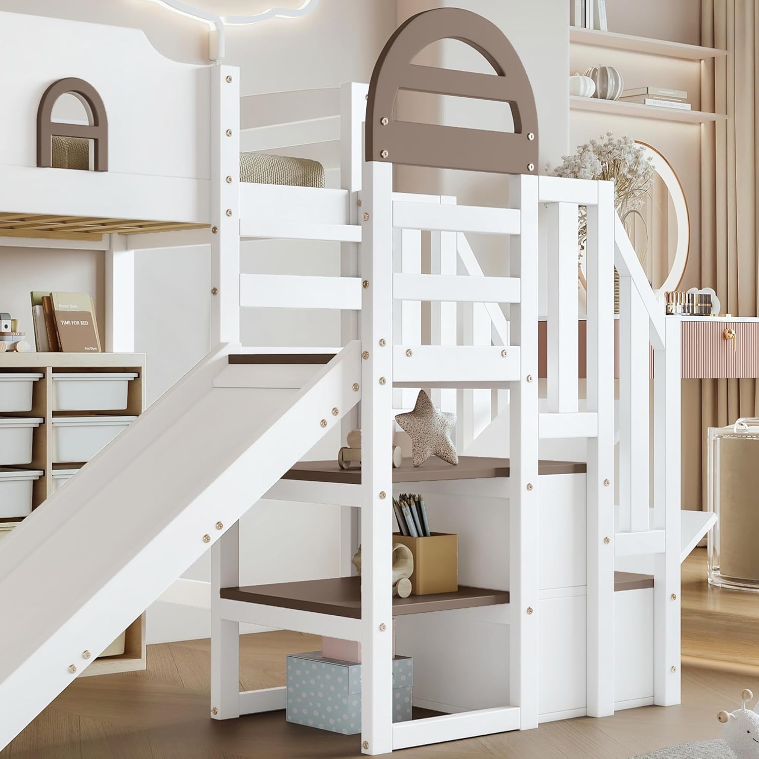 Merax Etagenbett 90x200cm, Kinderbett Hochbett mit Stauraumtreppe & Rutsche & Rausfallschutz, Platzsparendes Stockbett mit Lattenrost & Fenster, Funktionsbett für Jugend, Ohne Matratze, Weiß & Braun — Ansicht 6