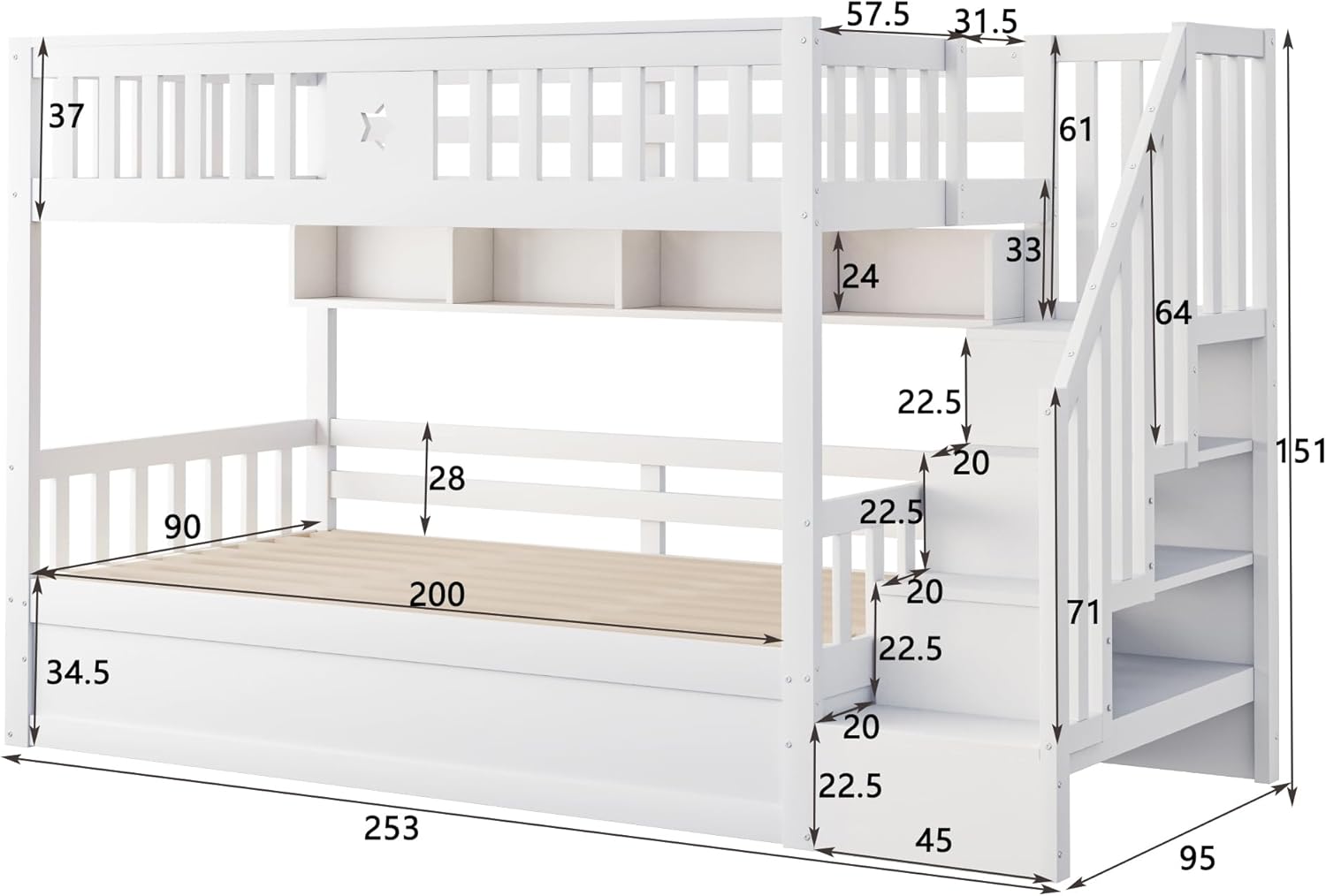 Merax Etagenbett aus Holz, 90 x 200 cm, mit Regalen und hydraulischer Aufbewahrungstreppe, Hochbett mit Sicherheitsgeländer, Weiß (ohne Matratze) — Ansicht 2