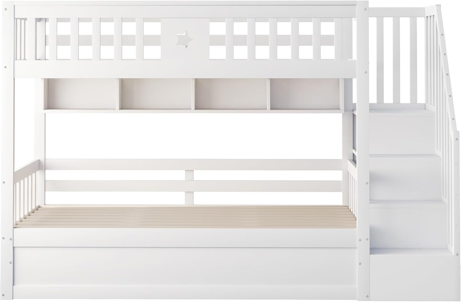Merax Etagenbett aus Holz, 90 x 200 cm, mit Regalen und hydraulischer Aufbewahrungstreppe, Hochbett mit Sicherheitsgeländer, Weiß (ohne Matratze) — Ansicht 3