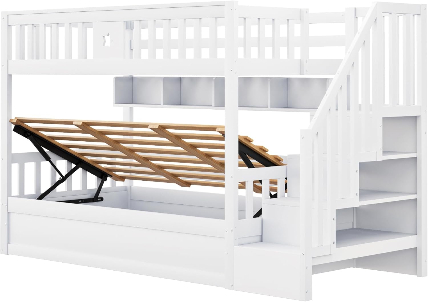 Merax Etagenbett aus Holz, 90 x 200 cm, mit Regalen und hydraulischer Aufbewahrungstreppe, Hochbett mit Sicherheitsgeländer, Weiß (ohne Matratze) — Ansicht 4