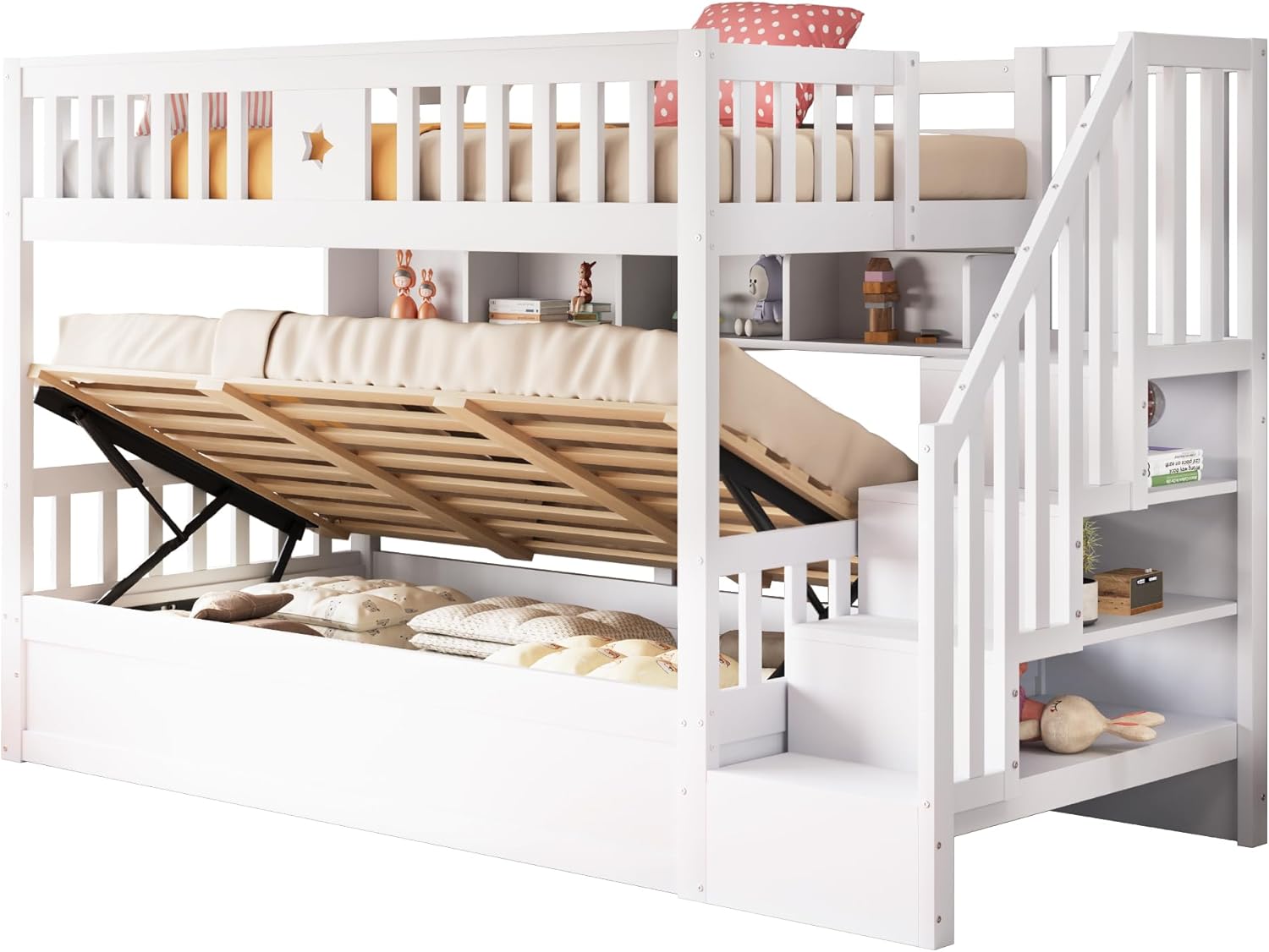 Merax Etagenbett aus Holz, 90 x 200 cm, mit Regalen und hydraulischer Aufbewahrungstreppe, Hochbett mit Sicherheitsgeländer, Weiß (ohne Matratze) — Ansicht 6