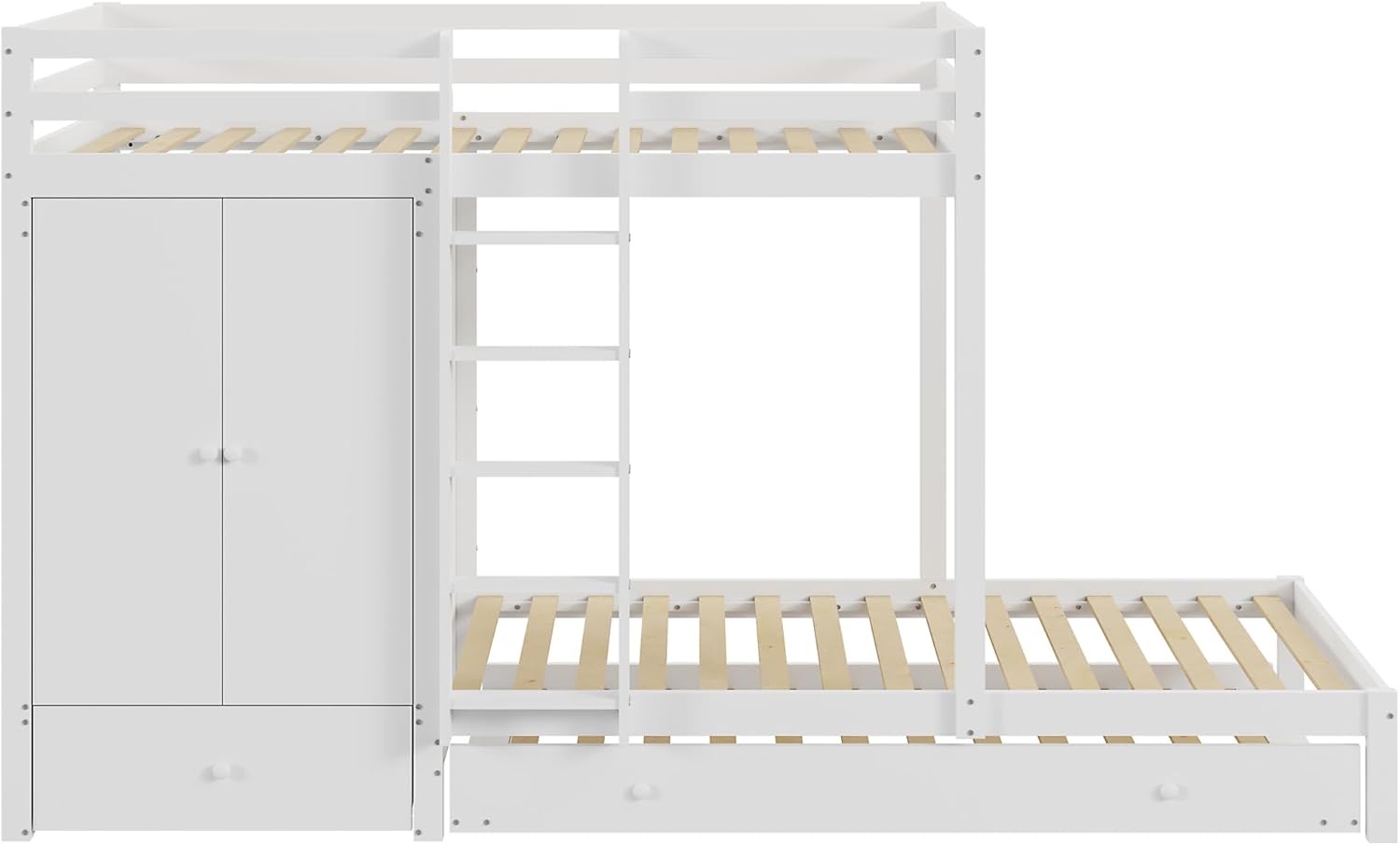 Merax Etagenbett aus Massivholz 90x200 cm mit Ausziehbett, Kleiderschrank, Schubladen und Ablagefach, Weiß - Ohne Matratze — Ansicht 4