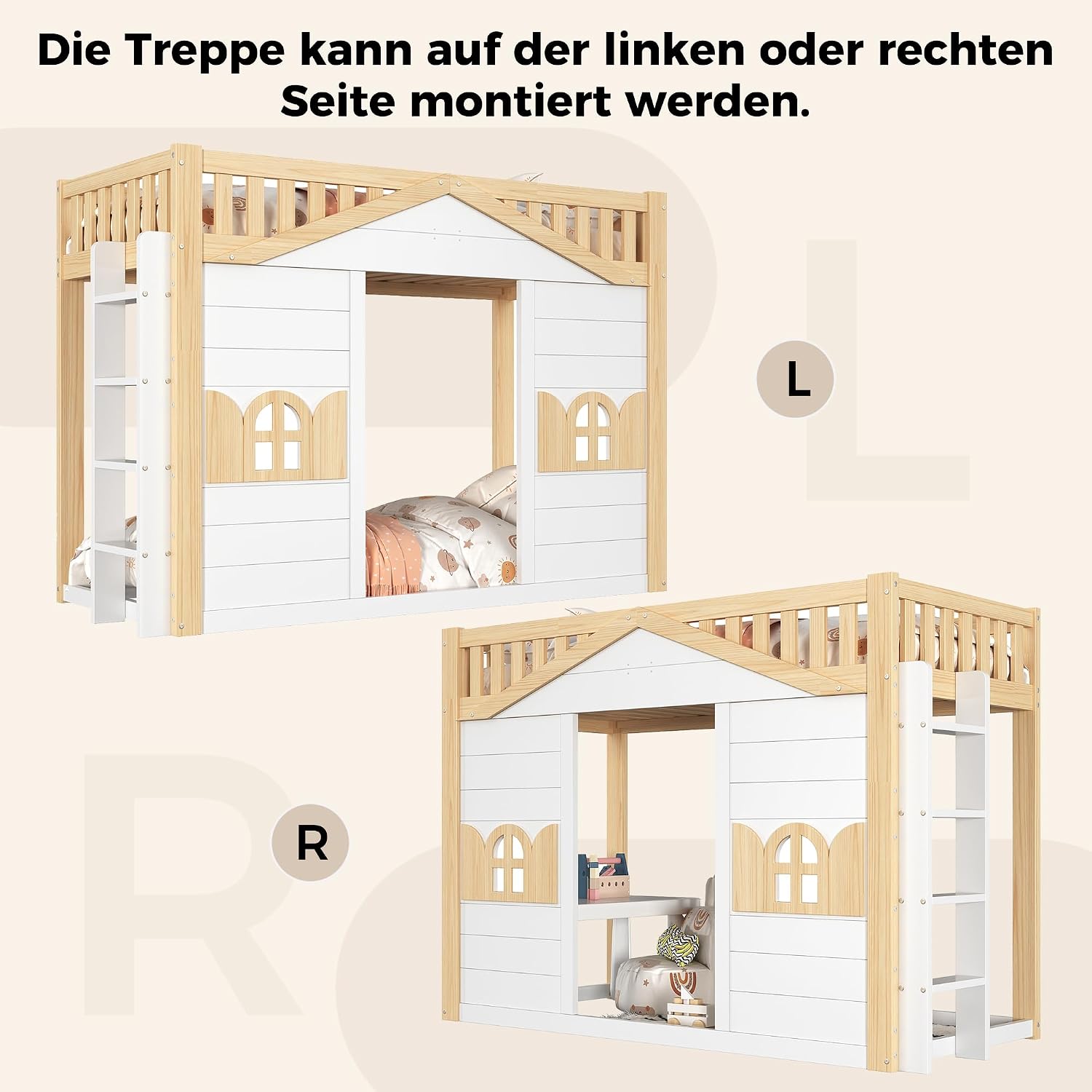 Merax Etagenbett Hausbett 90x200 cm mit Fenster-Form, umbaubar – Weiß+Natur (Ohne Matratze, Kein Schreibtisch) — Ansicht 4