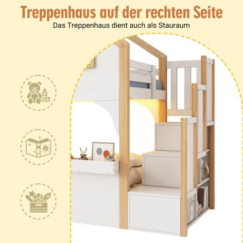 Merax Etagenbett Hochbett Kinderbett 90x200 cm mit LED und Stauraumtreppe, Hausbett mit Fenster, Weiß + Natur, Massivholz — Ansicht 4