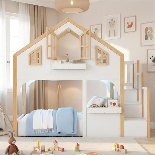 Merax Etagenbett Hochbett Kinderbett 90x200 cm mit LED und Stauraumtreppe, Hausbett mit Fenster, Weiß + Natur, Massivholz — Ansicht 6