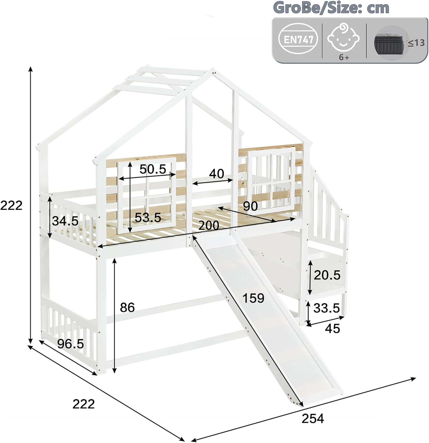 Merax Etagenbett Holzbett Blockhaus Kinderbett mit Rutsche, Fenster und Absturzsicherung - Massivholz Etagenbett in Weiß (90x200 cm) — Ansicht 2