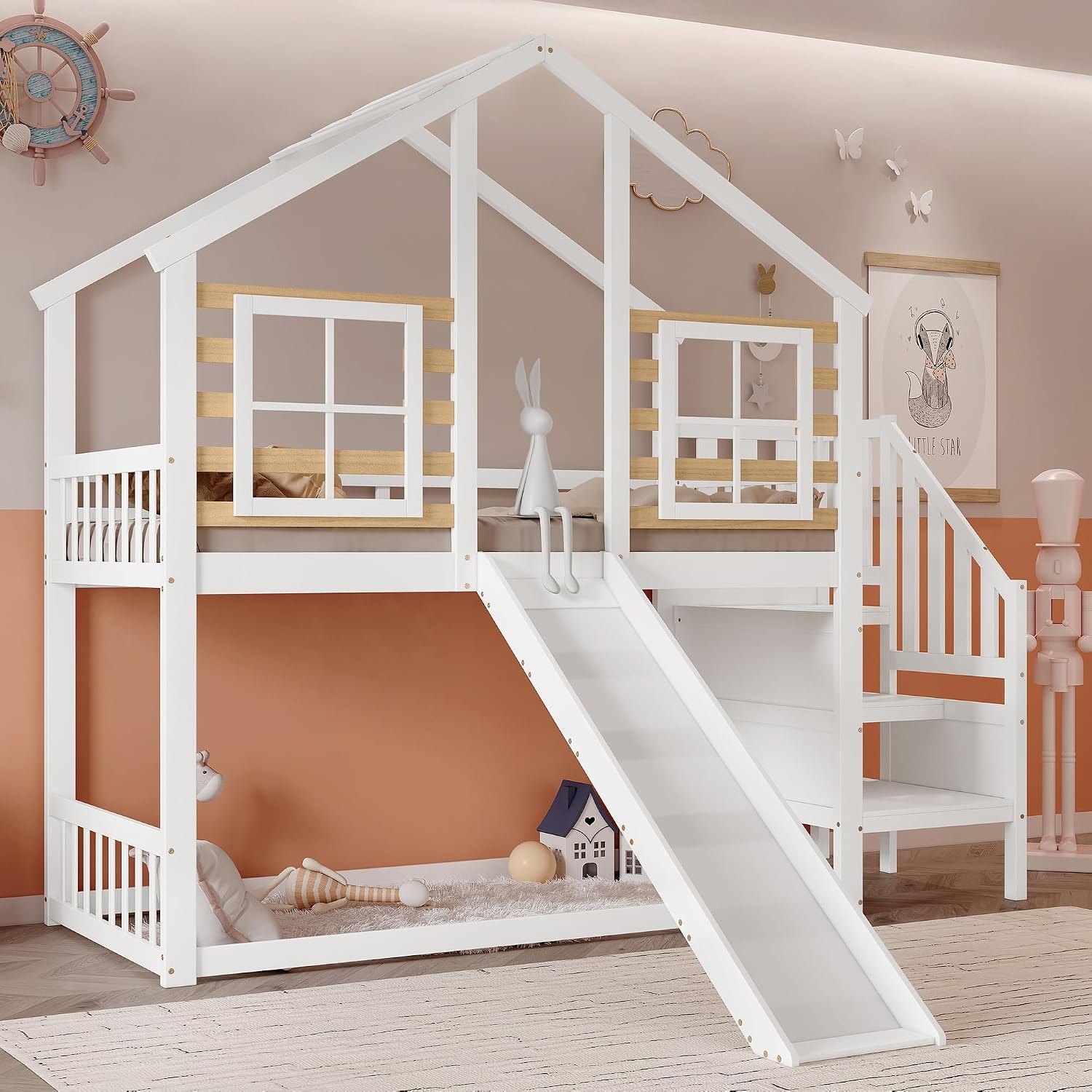 Merax Etagenbett Holzbett Blockhaus Kinderbett mit Rutsche, Fenster und Absturzsicherung - Massivholz Etagenbett in Weiß (90x200 cm) — Ansicht 4