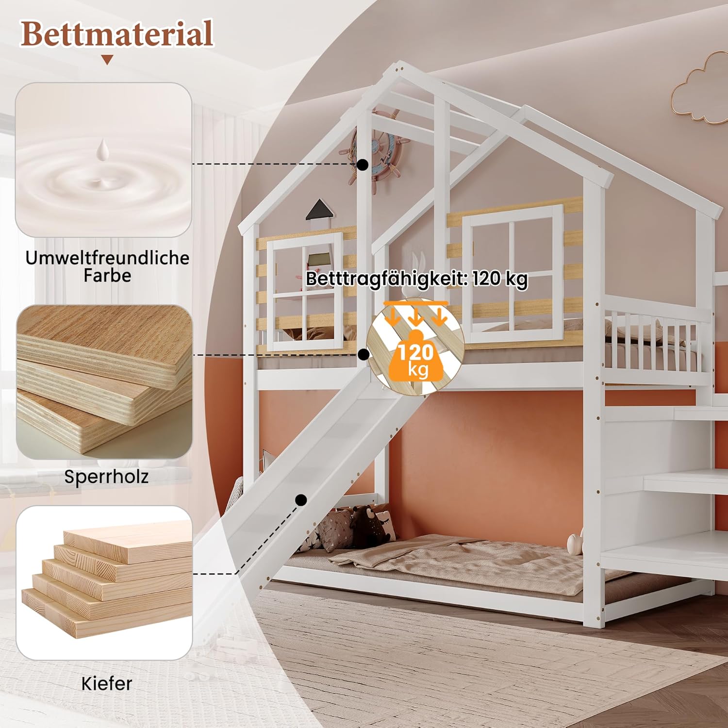 Merax Etagenbett Holzbett Blockhaus Kinderbett mit Rutsche, Fenster und Absturzsicherung - Massivholz Etagenbett in Weiß (90x200 cm) — Ansicht 5