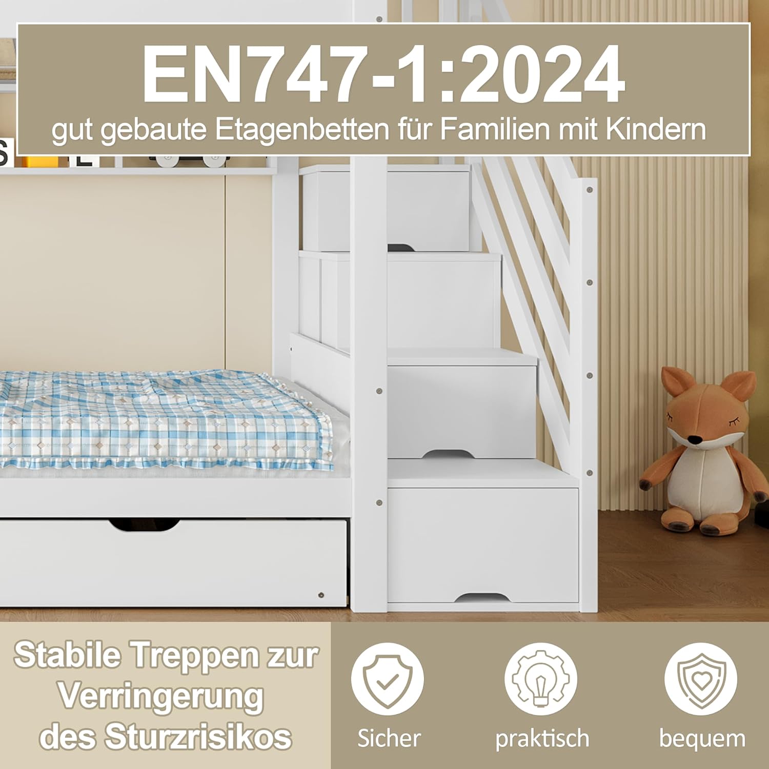 Merax Etagenbett Kinderbett 90x200 cm, Hochbett mit Ausziehbett, Kleiderschrank, Ablageleiter und Regal - Bettgestell mit Lattenrost (ohne Matratze), aus Kiefernholz, Weiß — Ansicht 4