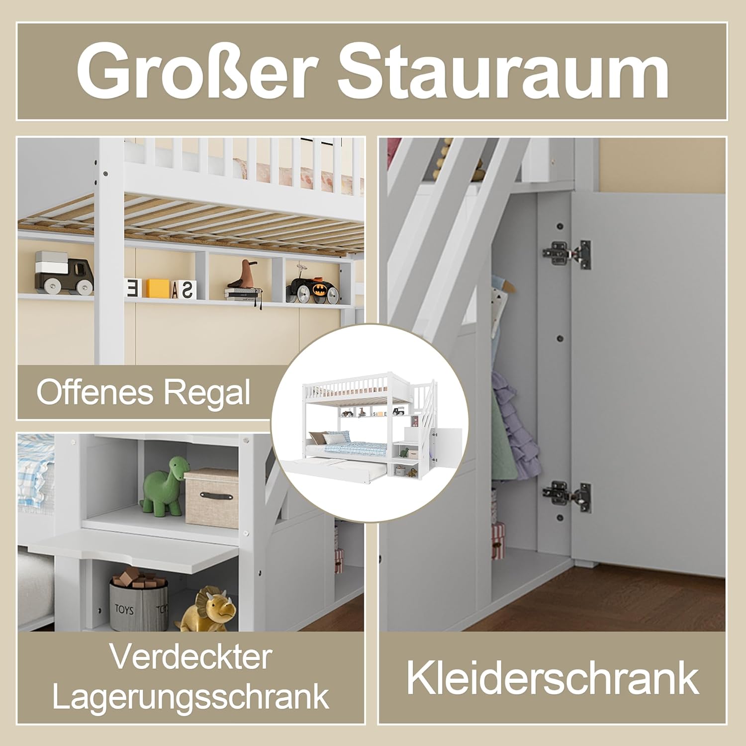 Merax Etagenbett Kinderbett 90x200 cm, Hochbett mit Ausziehbett, Kleiderschrank, Ablageleiter und Regal - Bettgestell mit Lattenrost (ohne Matratze), aus Kiefernholz, Weiß — Ansicht 6