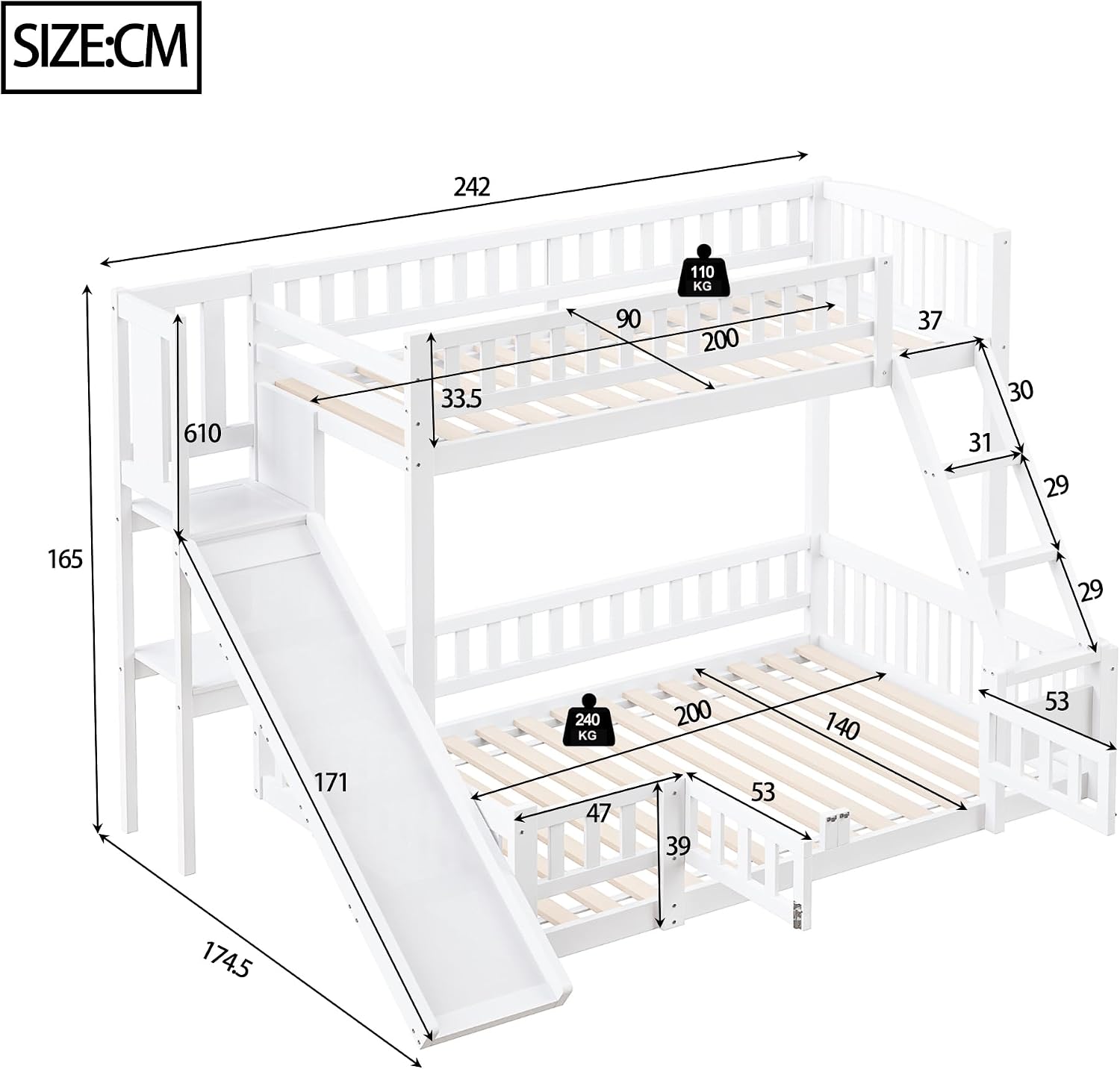 Merax Etagenbett Kinderbett 90x200 und 140x200, Hochbett mit Rutsche und Stufen, Mehrere Regale, Bettgestell mit Lattenrost und Ausziehbare kleine Tür(ohne Matratze), Weiß — Ansicht 2